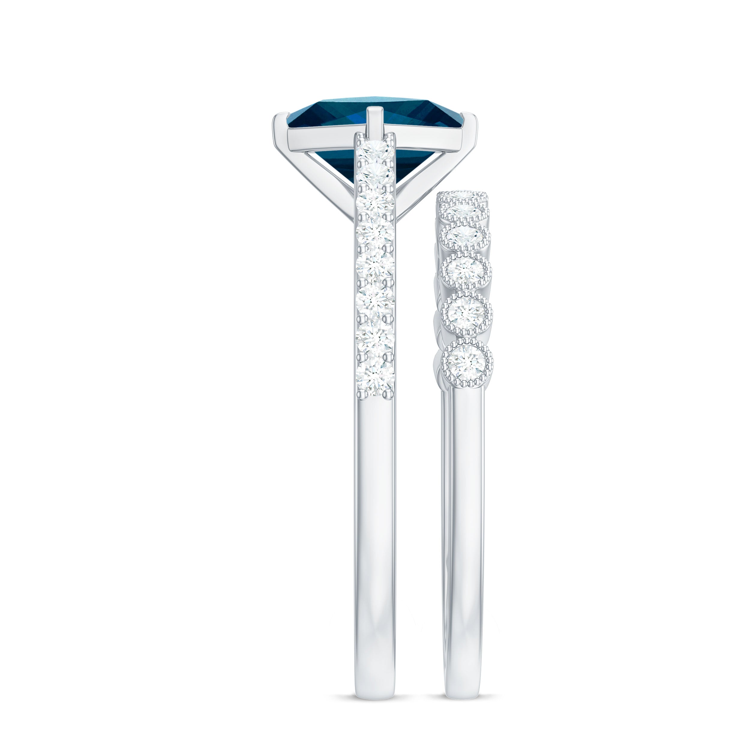 Genuine London Blue Topaz Designer Engagement Ring with Diamond Wedding Band AAA - Rosec Jewels