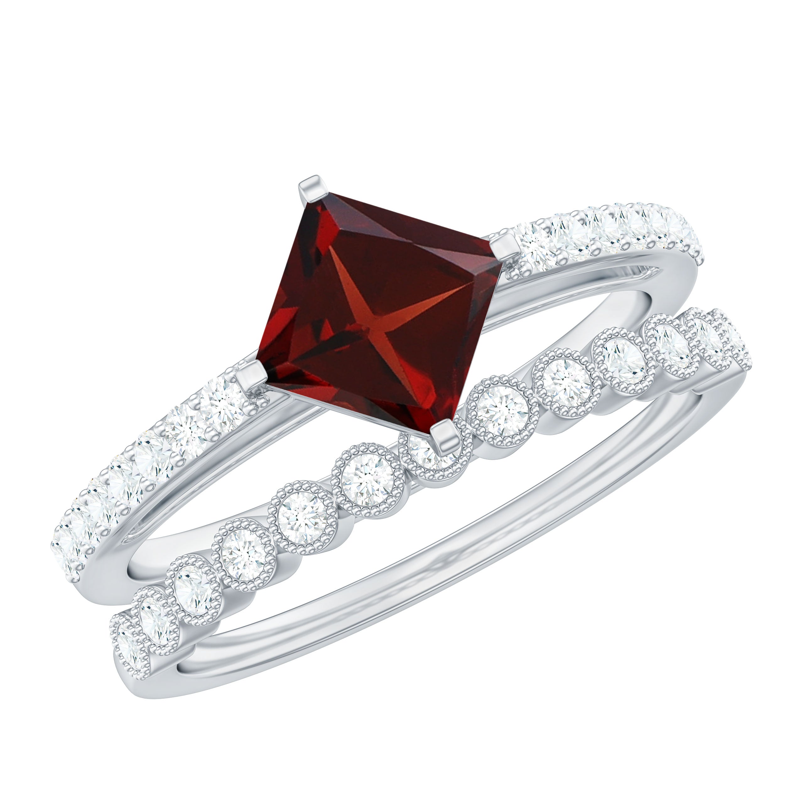 Princess Cut Garnet and Diamond Wedding Ring Set for Women AAA - Rosec Jewels