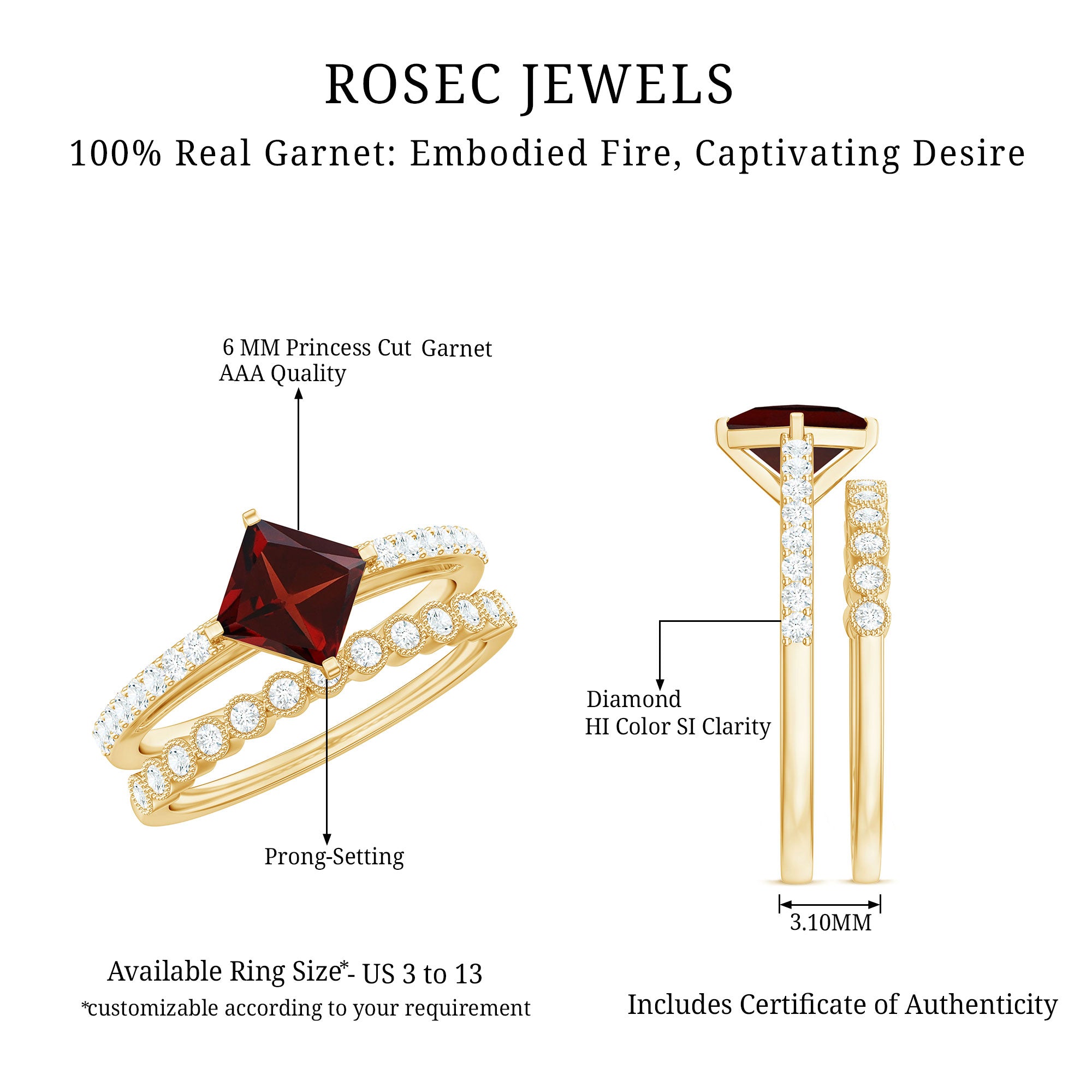 Princess Cut Garnet and Diamond Wedding Ring Set for Women AAA - Rosec Jewels