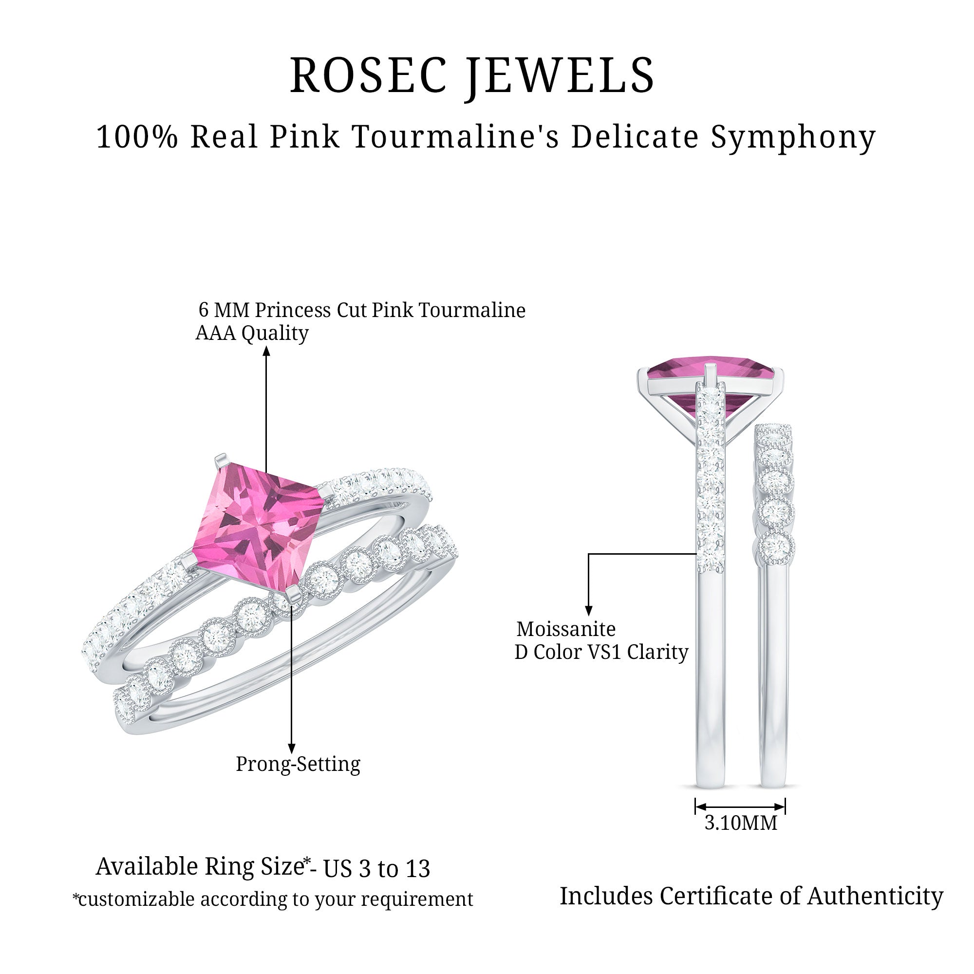 1 Carat Princess Cut Pink Tourmaline Ring with Diamond Wedding Band AAA - Rosec Jewels
