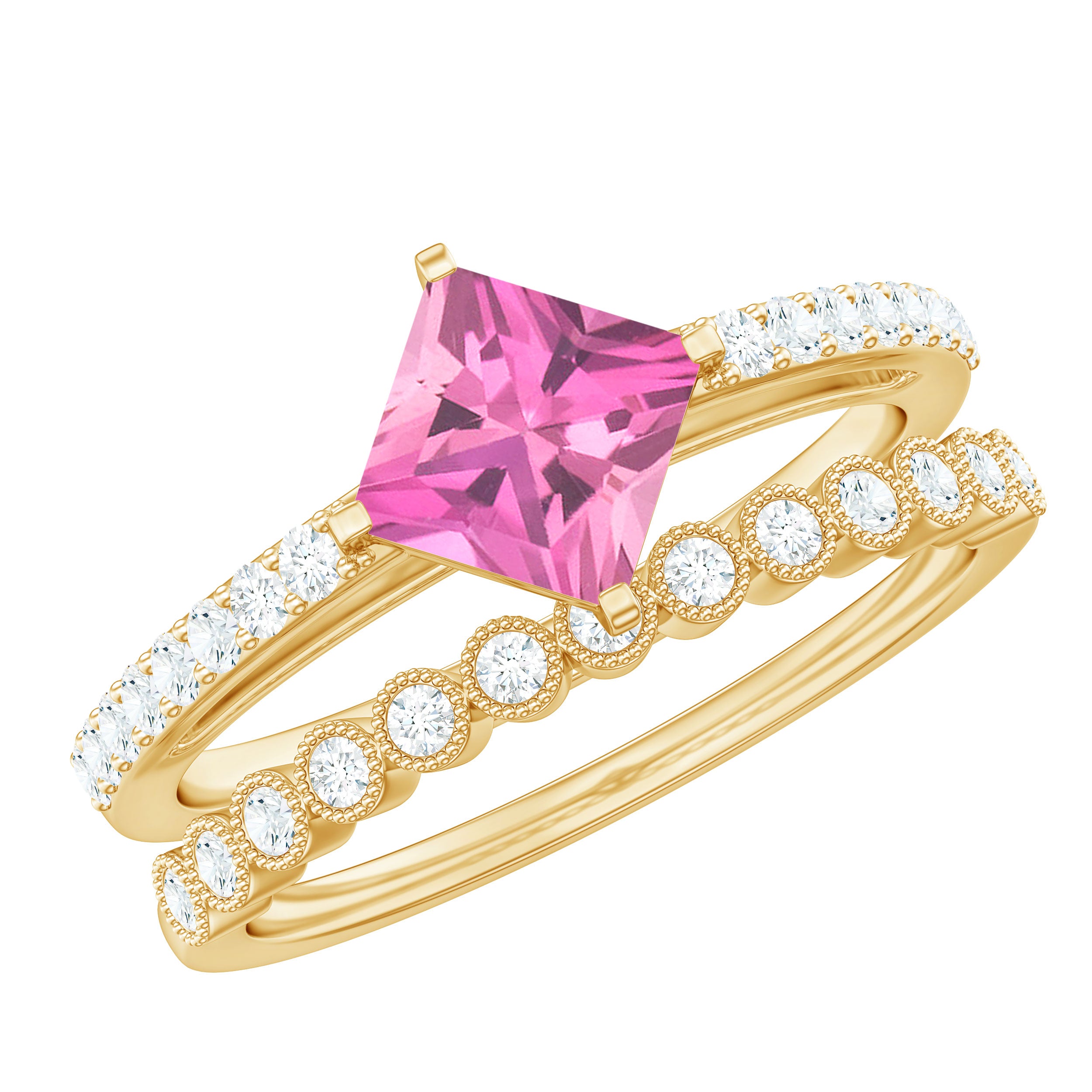 1 Carat Princess Cut Pink Tourmaline Ring with Diamond Wedding Band AAA - Rosec Jewels
