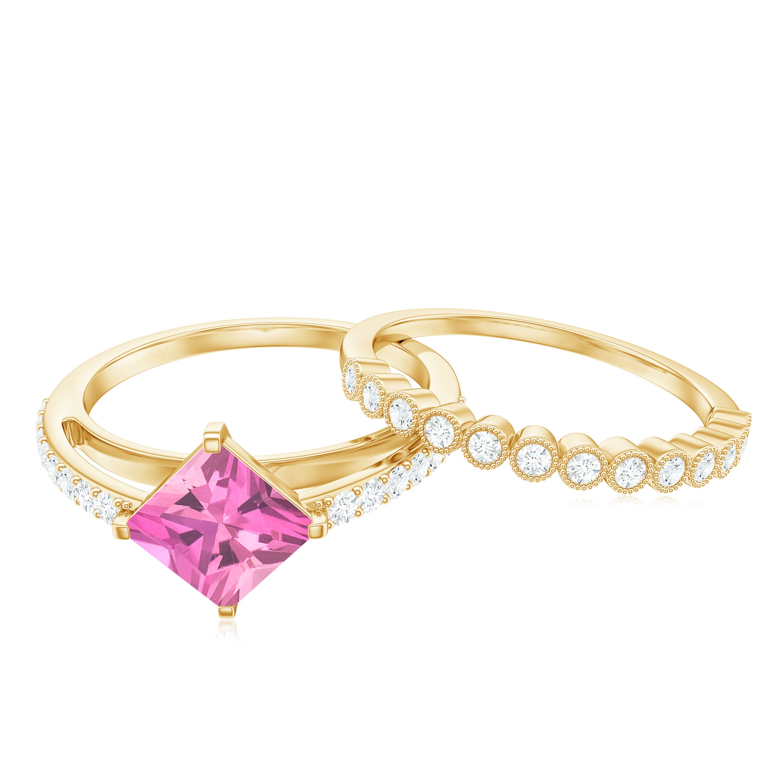 1 Carat Princess Cut Pink Tourmaline Ring with Diamond Wedding Band AAA - Rosec Jewels