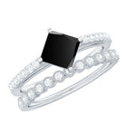 5mm Princess Cut Black Onyx Wedding Rings Set with Diamond Band AAA - Rosec Jewels
