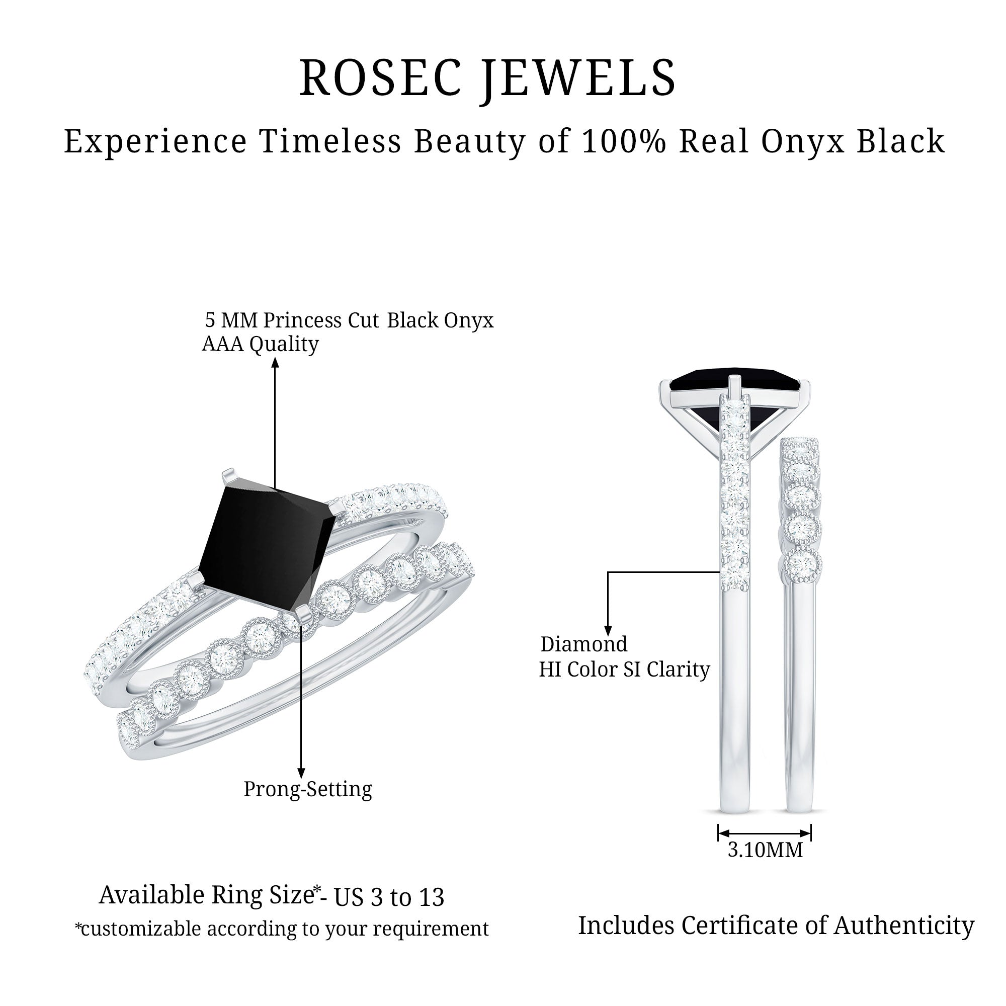 5mm Princess Cut Black Onyx Wedding Rings Set with Diamond Band AAA - Rosec Jewels