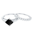 5mm Princess Cut Black Onyx Wedding Rings Set with Diamond Band AAA - Rosec Jewels