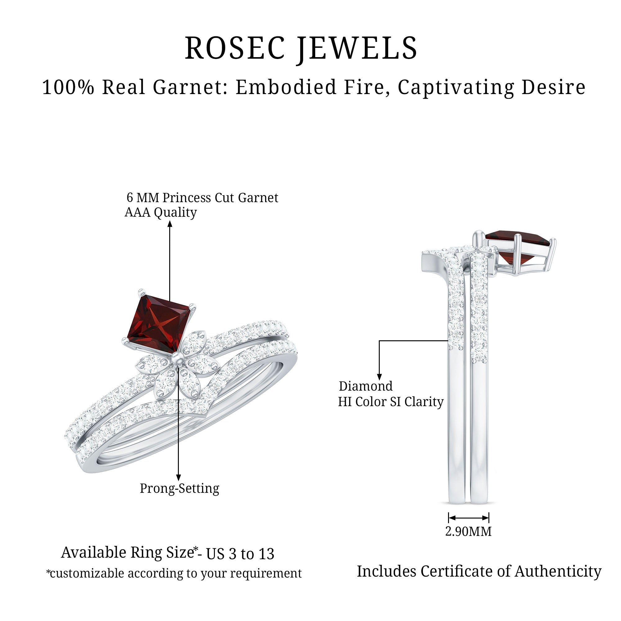 Rosec Jewels-Natural Garnet Diamond Flower Engagement Ring Wedding Band Set