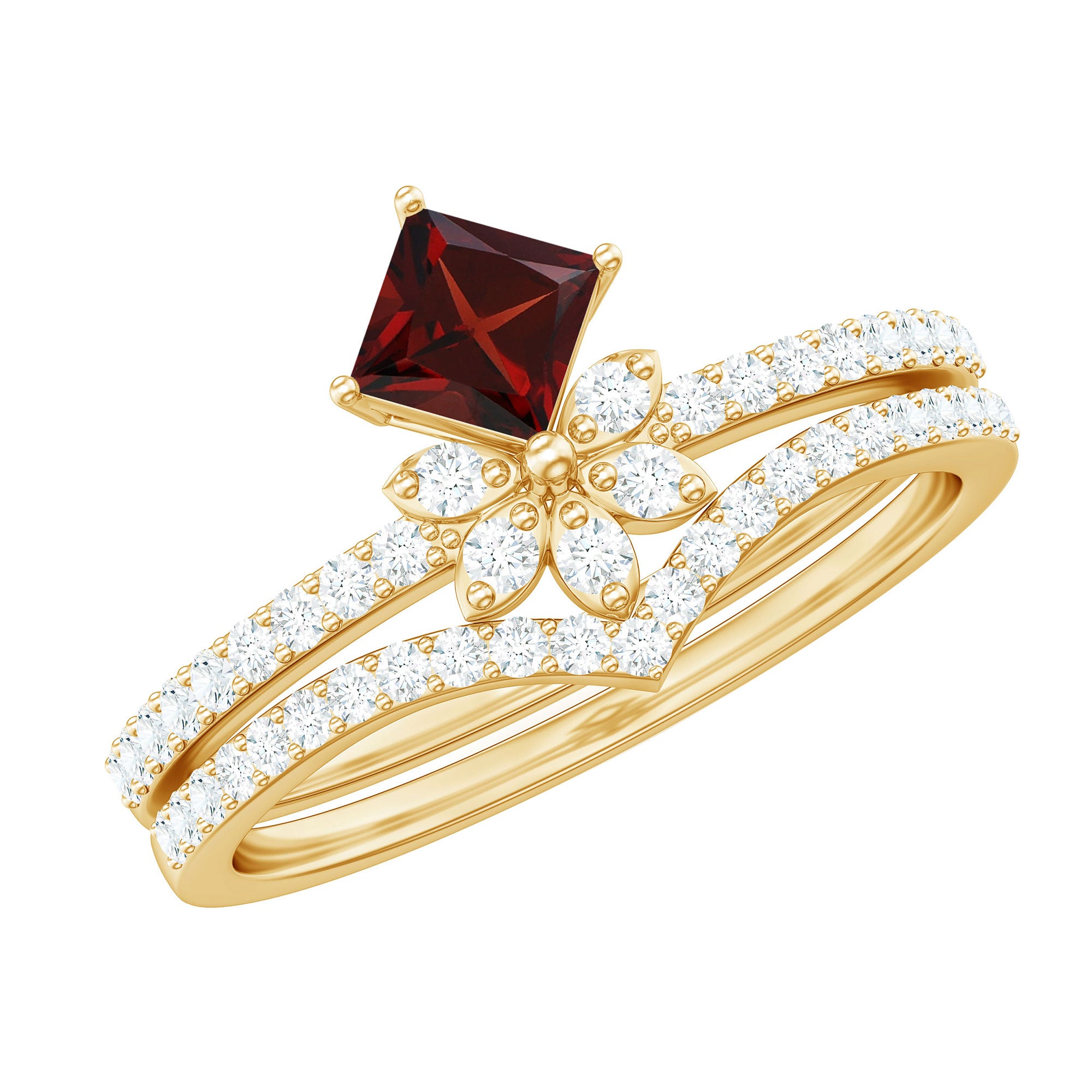 Rosec Jewels-Natural Garnet Diamond Flower Engagement Ring Wedding Band Set