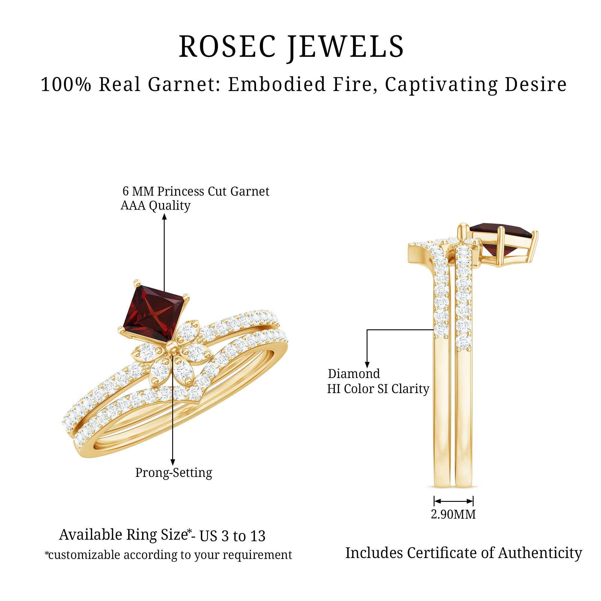 Rosec Jewels-Natural Garnet Diamond Flower Engagement Ring Wedding Band Set