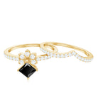 5mm Princess Cut Black Onyx Floral Rings Set with Diamond Band AAA - Rosec Jewels