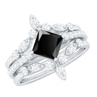 Genuine Princess Cut Black Onyx Bridal Rings Set with Diamond AAA - Rosec Jewels