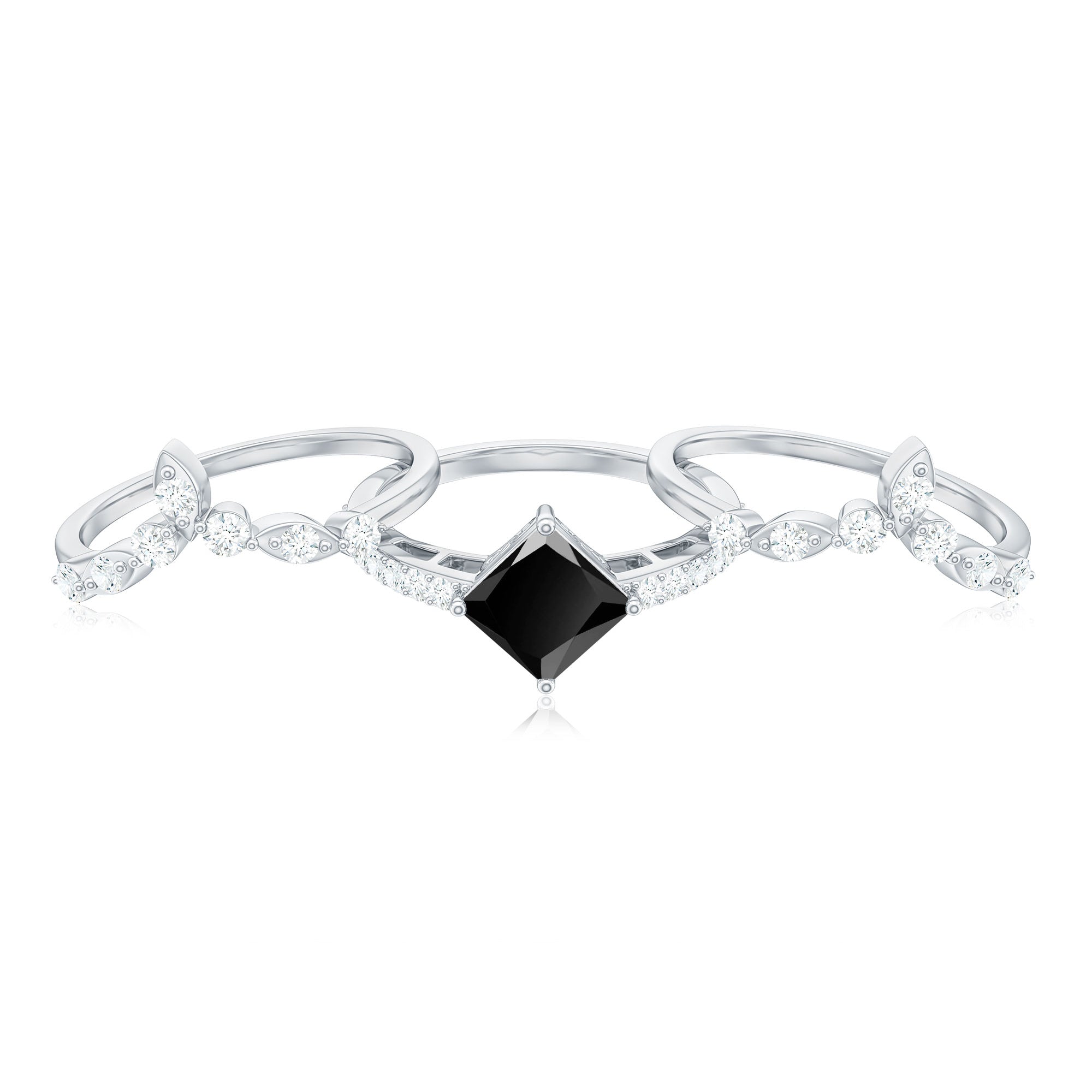 Genuine Princess Cut Black Onyx Bridal Rings Set with Diamond AAA - Rosec Jewels