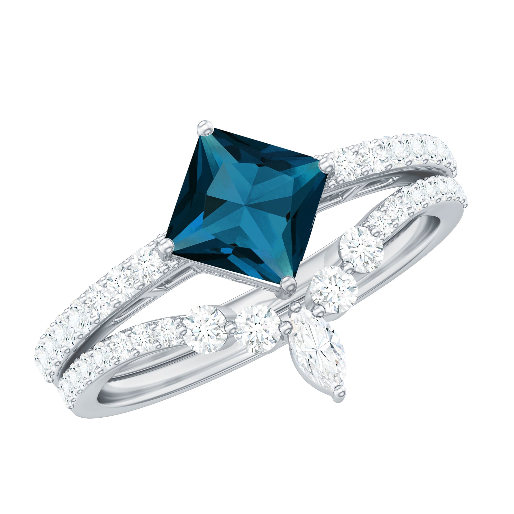 Rosec Jewels-6mm Princess Cut London Blue Topaz and Diamond Wedding Ring Set