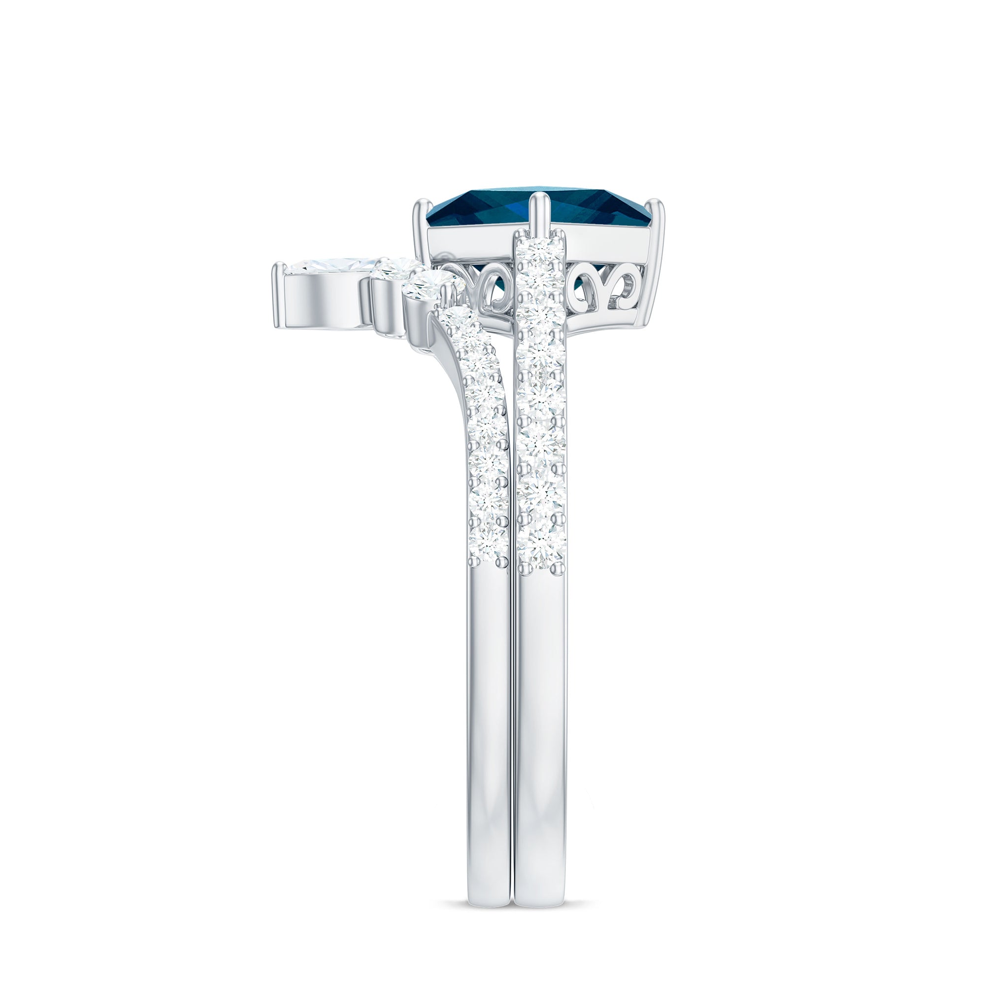 Rosec Jewels-6mm Princess Cut London Blue Topaz and Diamond Wedding Ring Set