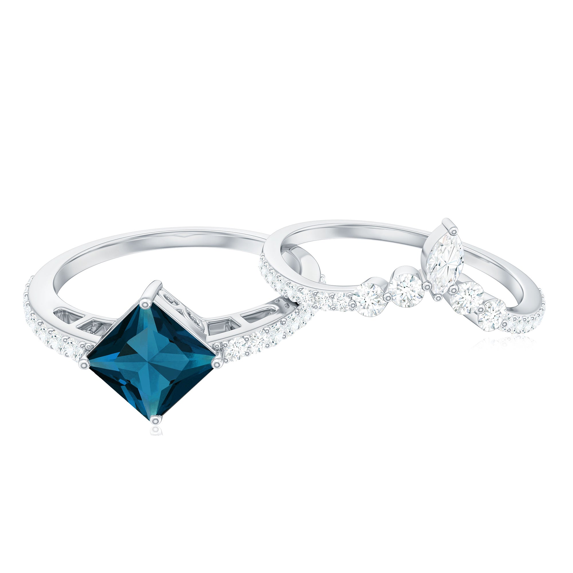 Rosec Jewels-6mm Princess Cut London Blue Topaz and Diamond Wedding Ring Set