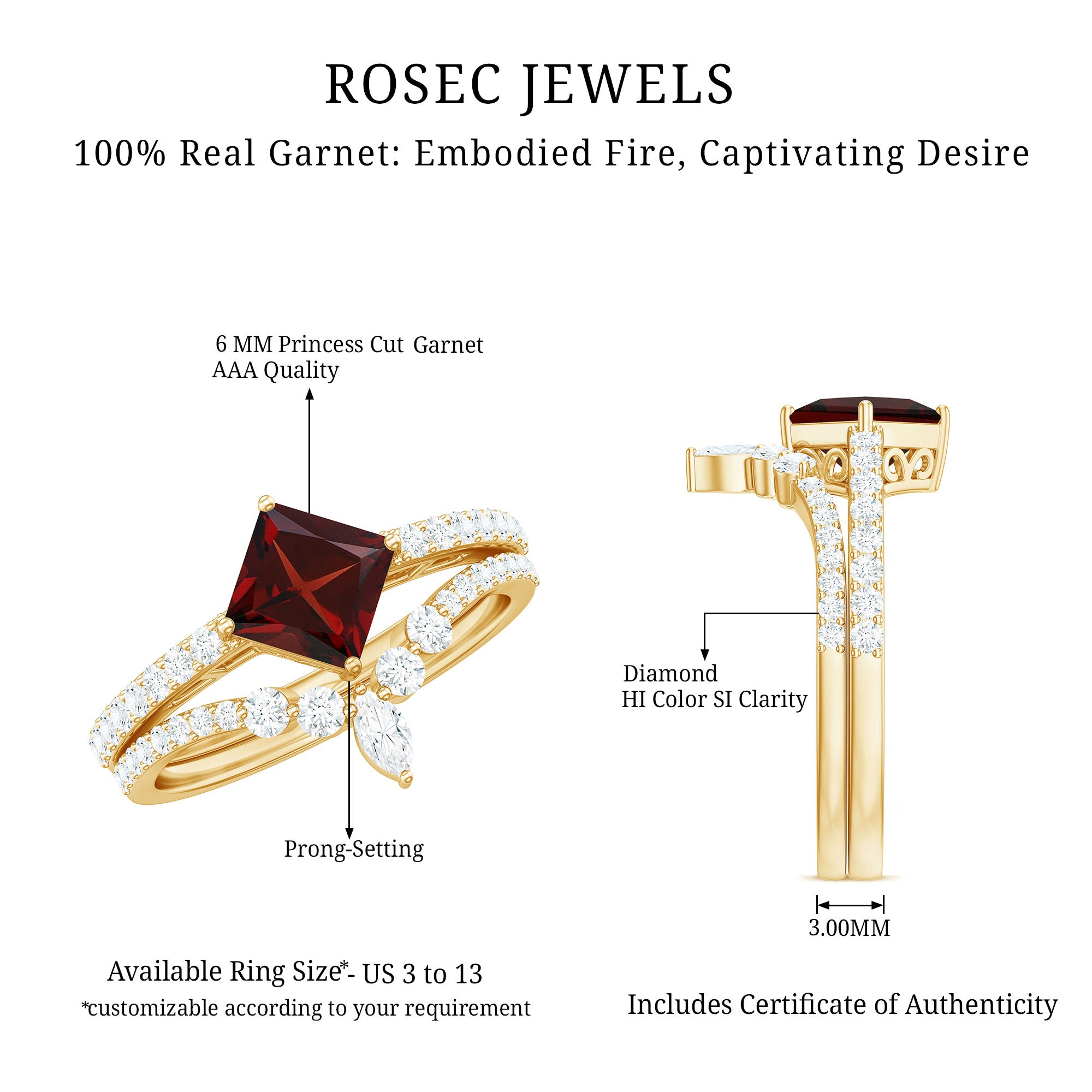 Rosec Jewels-Natural Princess Cut Garnet Diamond Wedding Bridal Ring Set