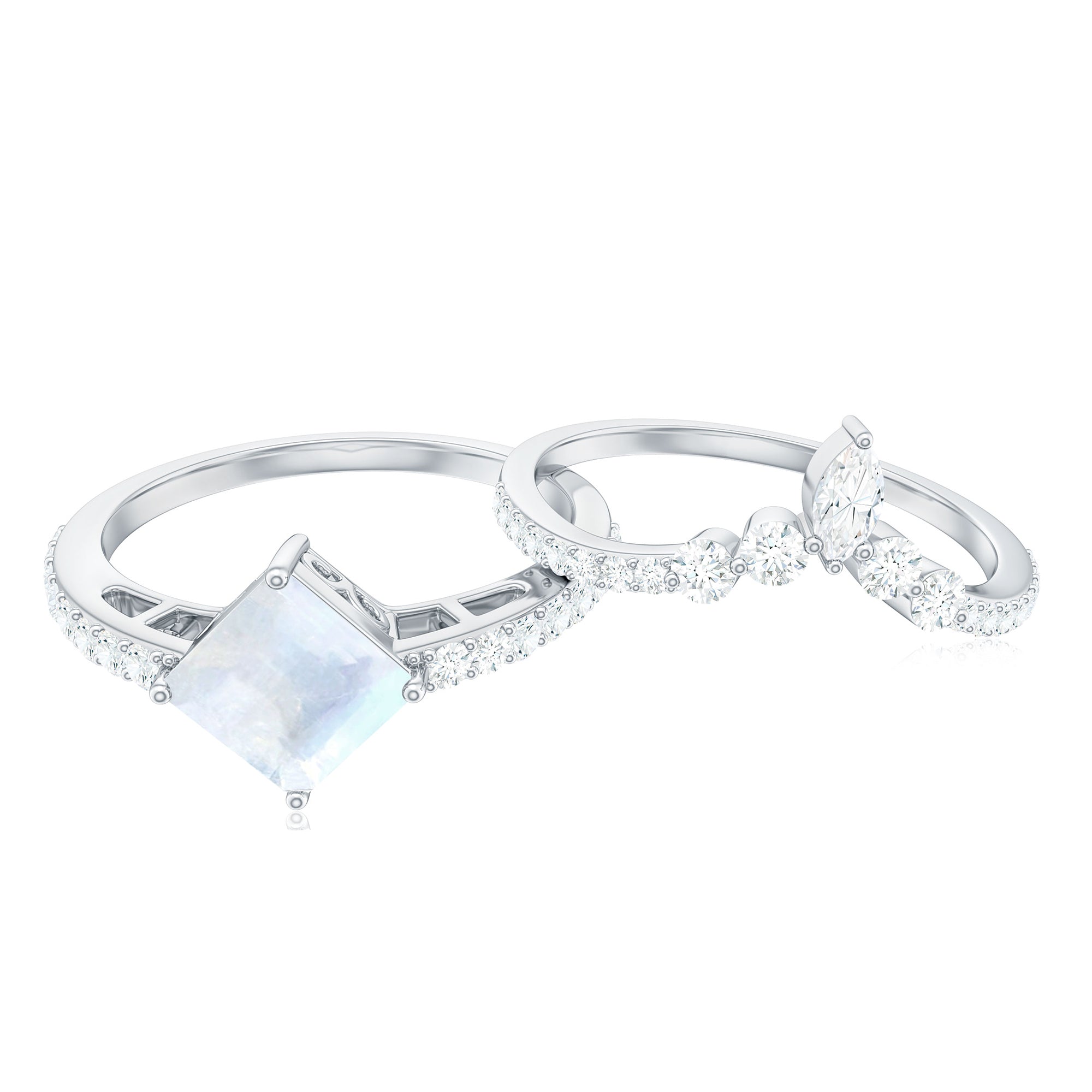 Rosec Jewels-Princess Cut Solitaire Moonstone Designer Ring Set with Diamond
