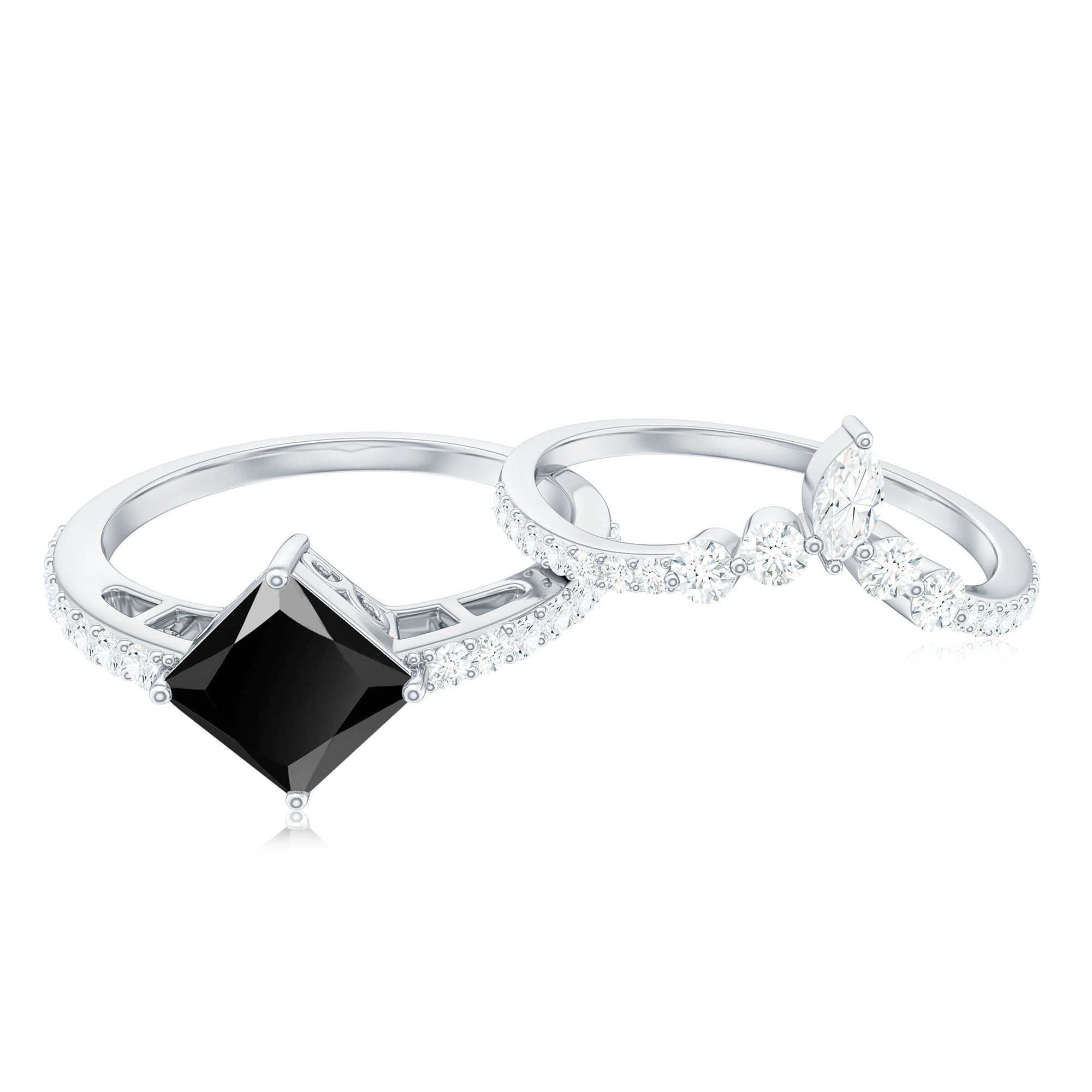 5mm Princess Cut Black Onyx Designer Wedding Rings Set with Moissanite AAA - Rosec Jewels