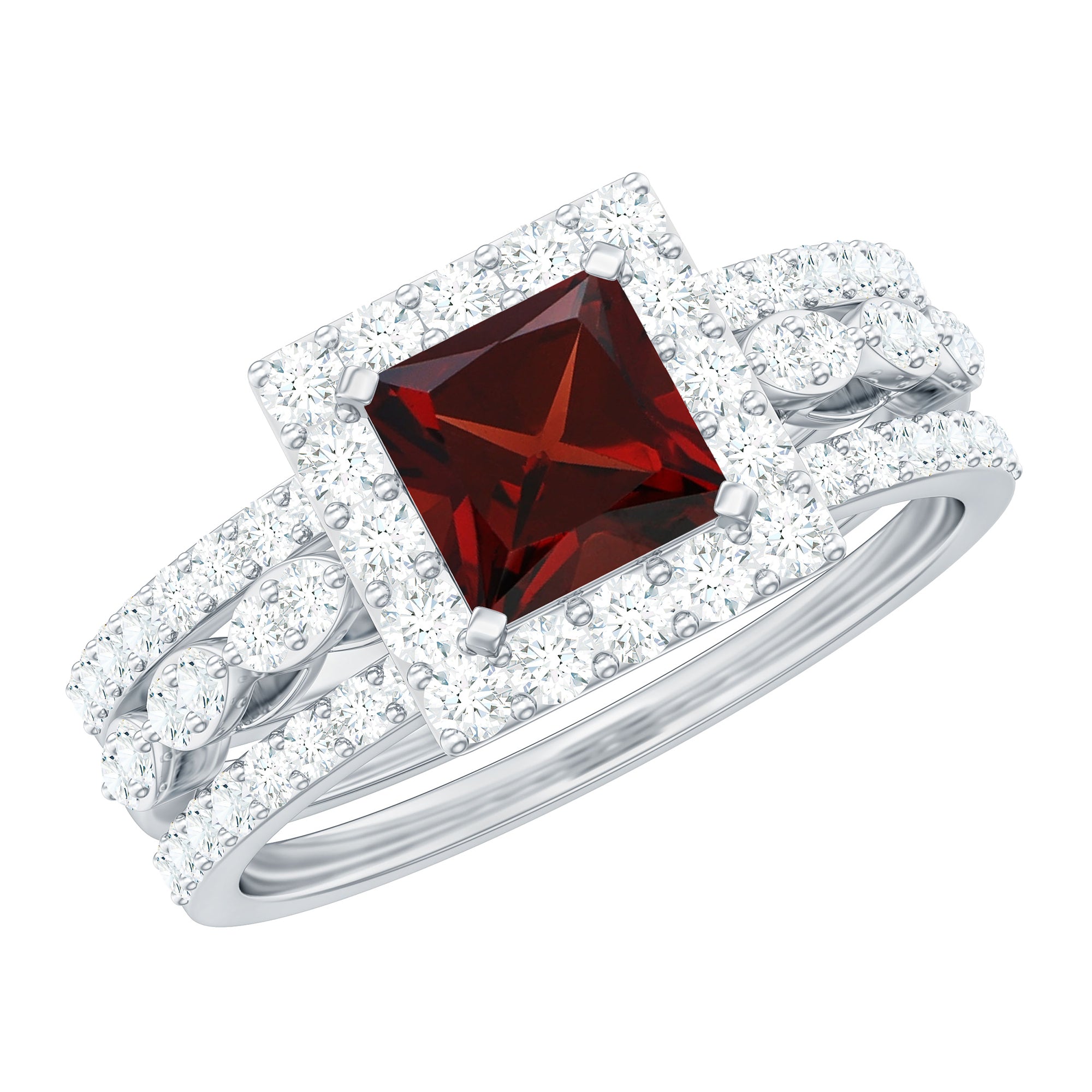 Rosec Jewels-Genuine Princess Cut Garnet 3 Piece Bridal Ring Set with Moissanite