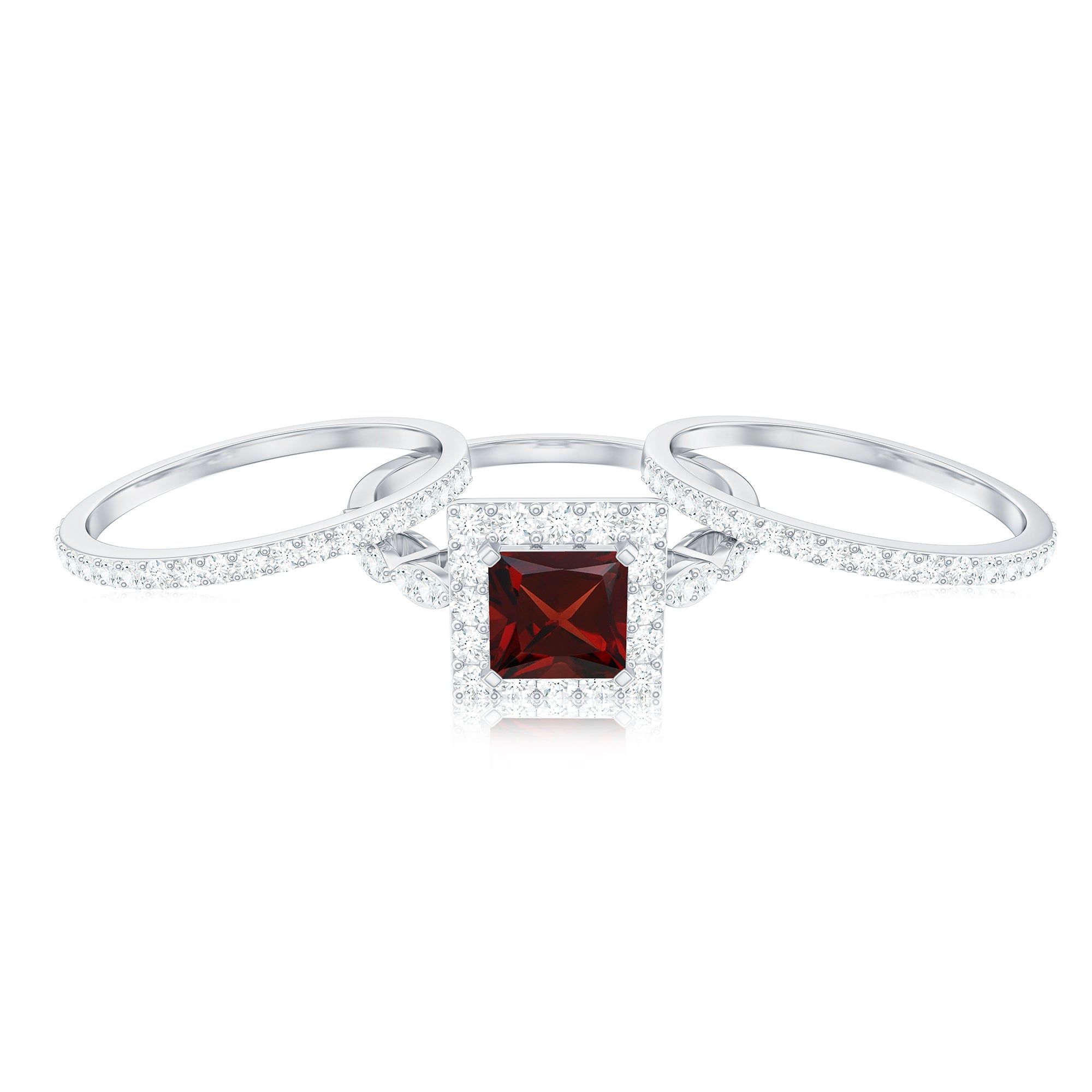 Rosec Jewels-Genuine Princess Cut Garnet 3 Piece Bridal Ring Set with Moissanite