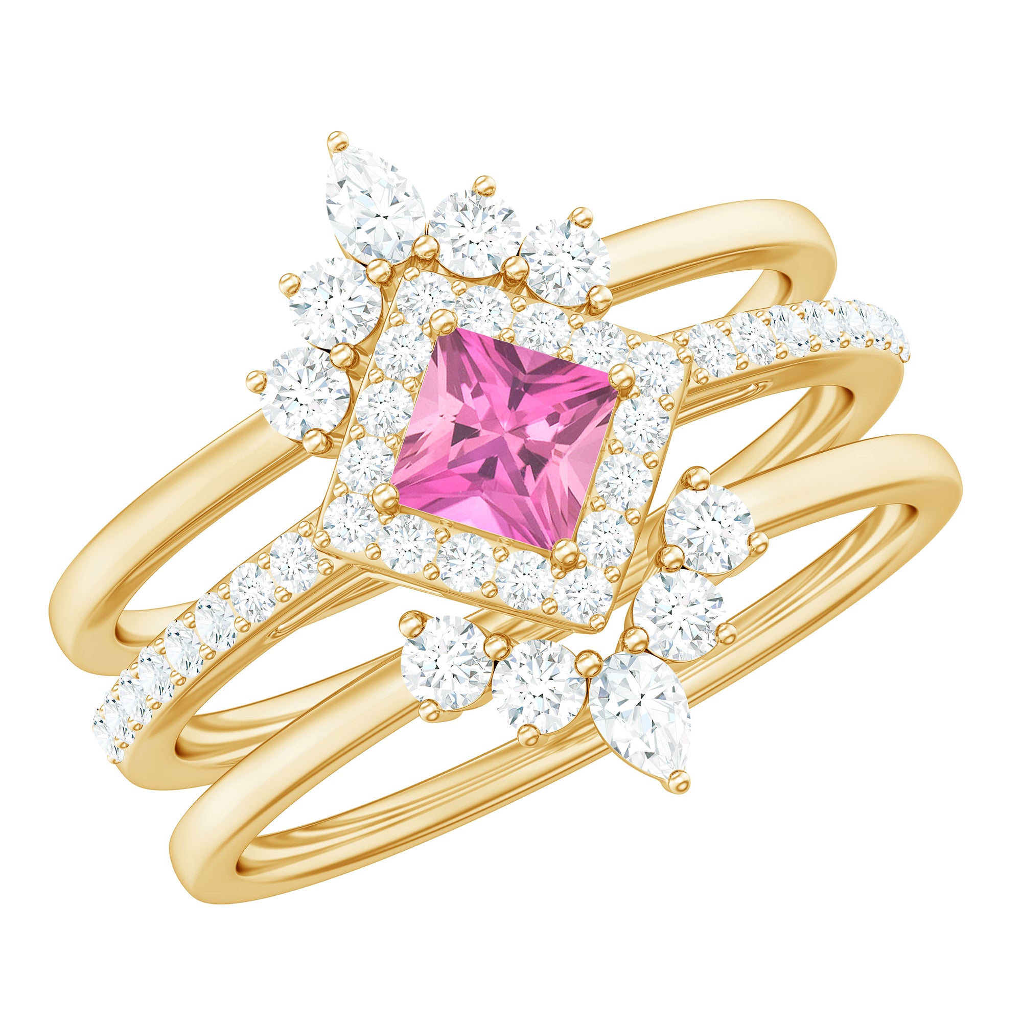 Rosec Jewels-Real Pink tourmaline and Moissanite Trio Wedding Ring Set
