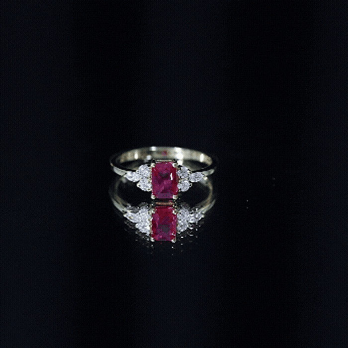 0.75 Carat Emerald Cut Lab Created Ruby and Diamond Promise Ring in Silver AAAA 14K Yellow Gold Plated Silver - Rosec Jewels