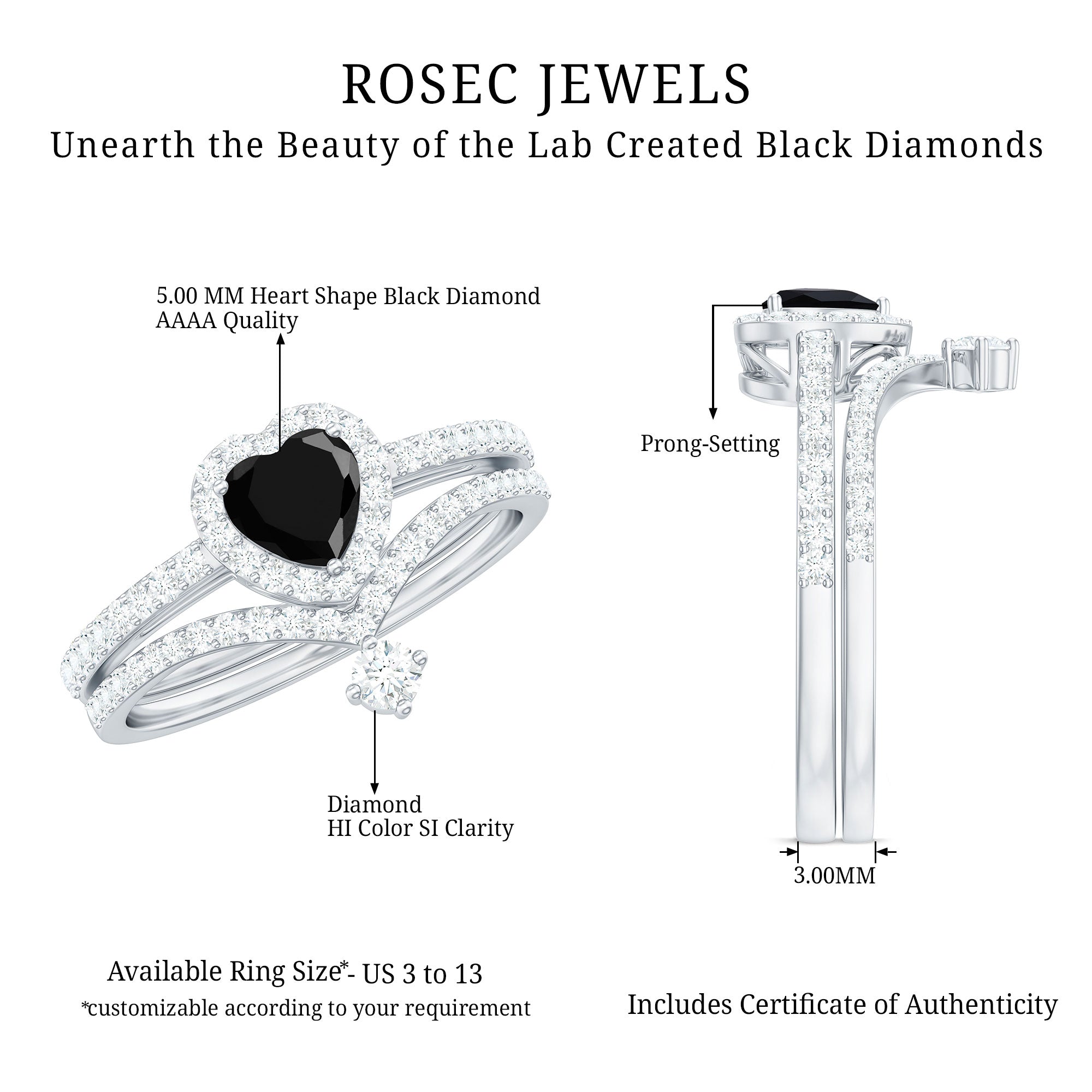 Created Black Diamond Heart Engagement Ring Set with Diamond AAAA ( Synthetic ) - Rosec Jewels