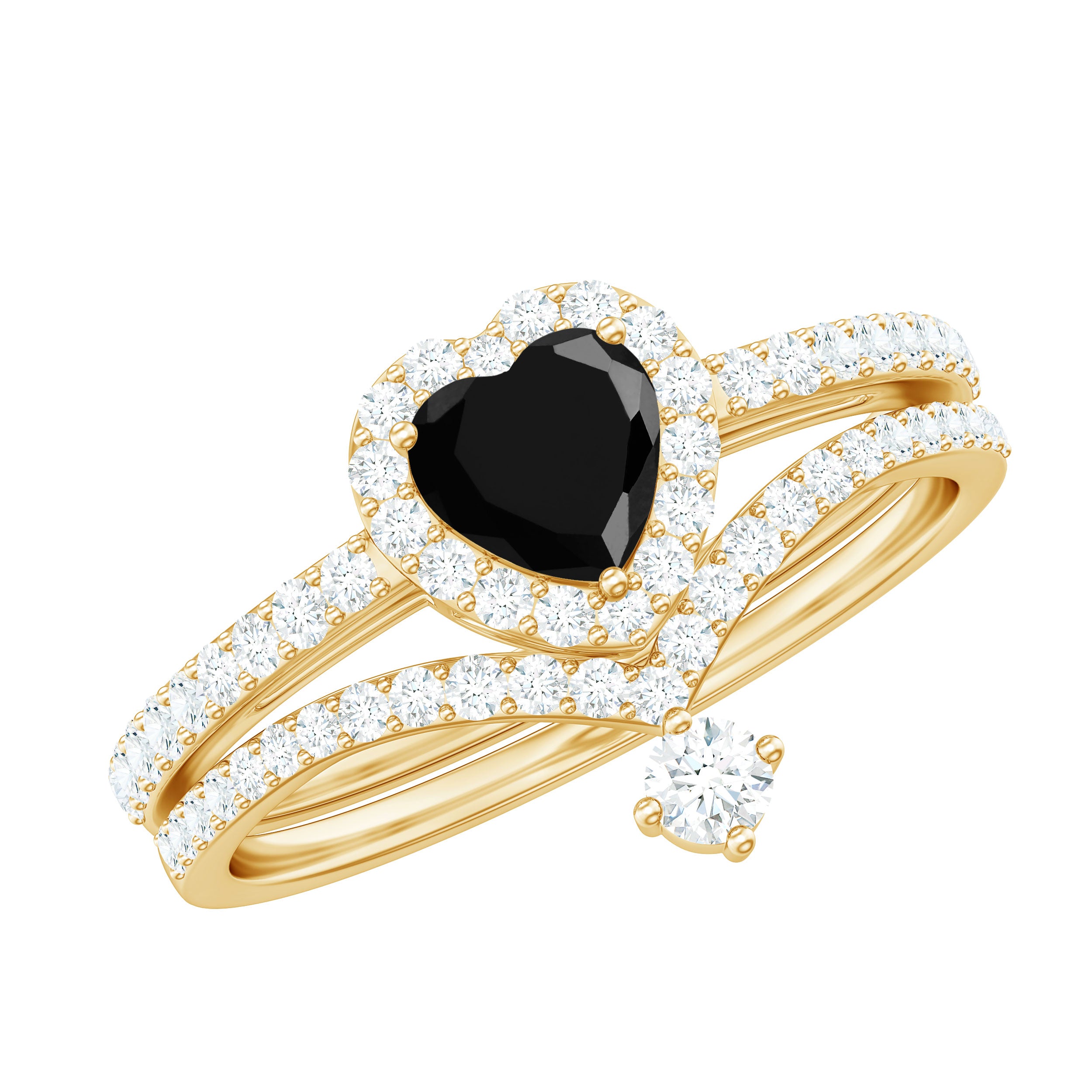 Created Black Diamond Heart Engagement Ring Set with Diamond AAAA ( Synthetic ) - Rosec Jewels