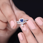 Rosec Jewels-Real Heart Shape Blue Sapphire and Diamond Halo Wedding Ring Set