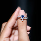 Rosec Jewels-Real Heart Shape Blue Sapphire and Diamond Halo Wedding Ring Set