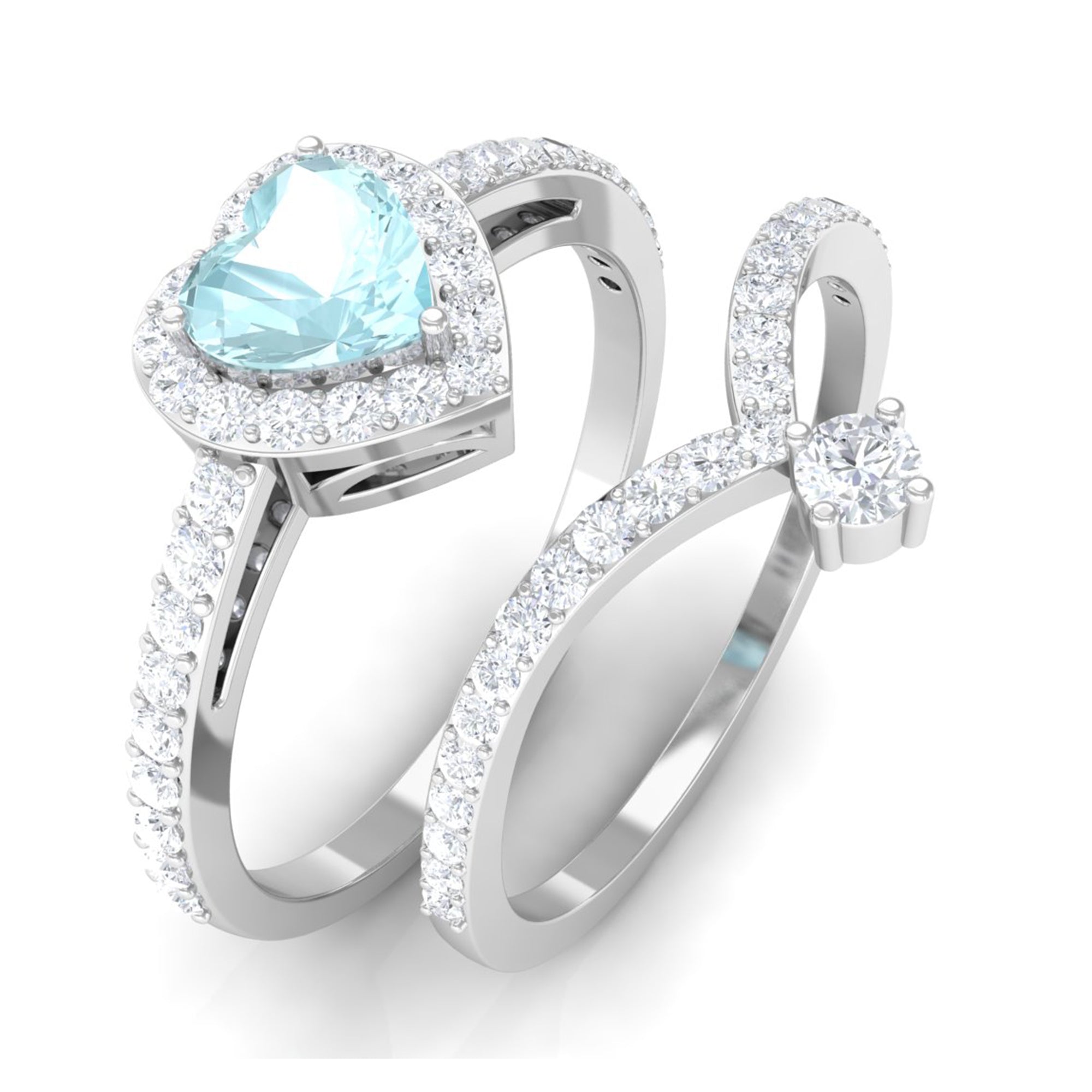 2 CT Heart Shape Sky Blue Topaz Ring Set with Moissanite Sky Blue Topaz - ( AAA ) - Quality - Rosec Jewels