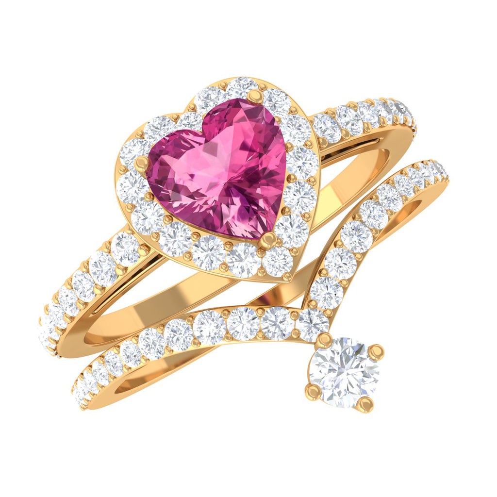 Genuine Pink Tourmaline Ring Set with Moissanite Pink Tourmaline - ( AAA ) - Quality - Rosec Jewels