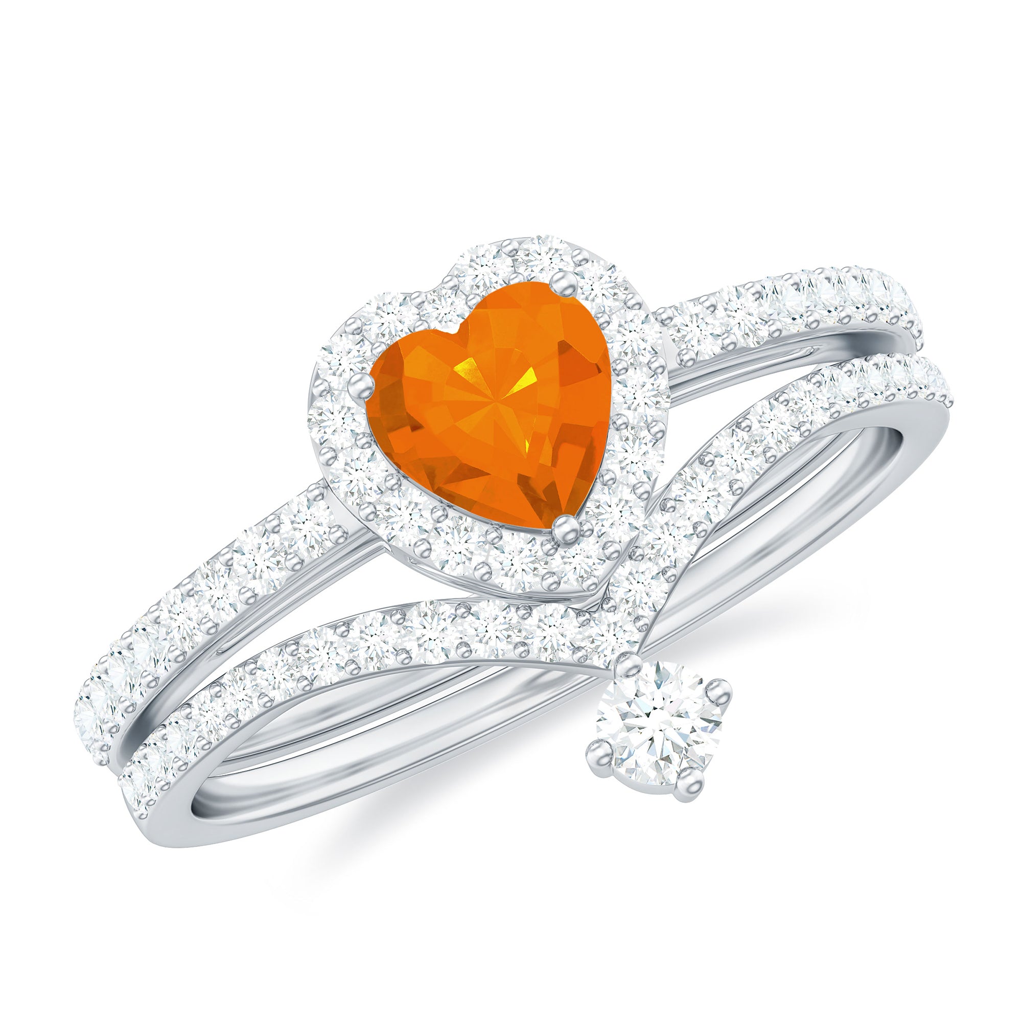 Heart Shape Fire Opal Ring Set with Moissanite Fire Opal - ( AAA ) - Quality - Rosec Jewels