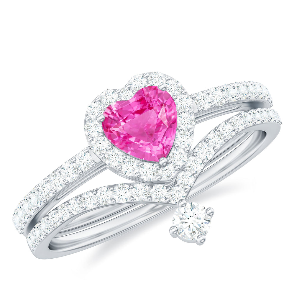 1.5 CT Heart Shape Created Pink Sapphire Ring Set with Diamond Lab Created Pink Sapphire - ( AAAA ) - Quality - Rosec Jewels