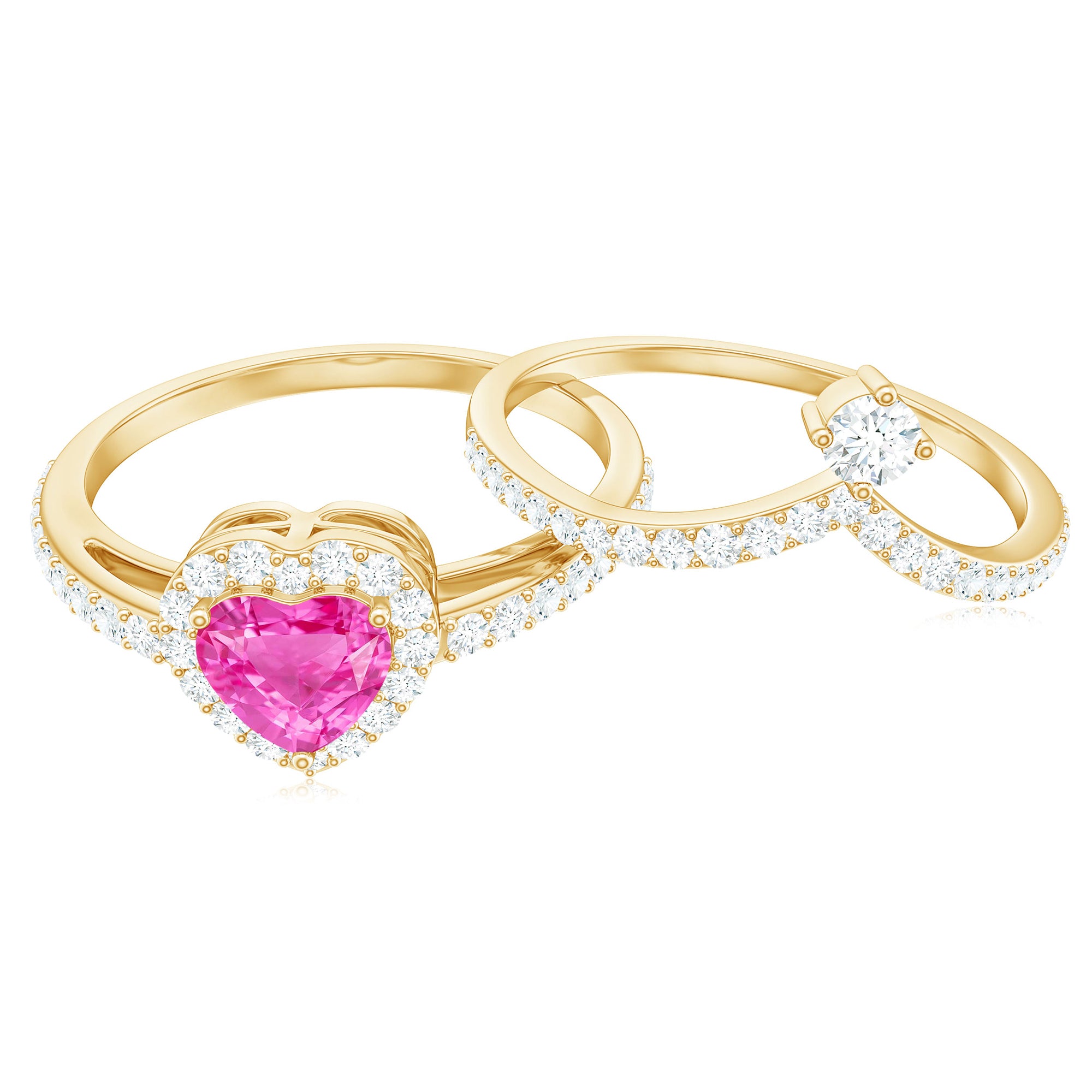 1.5 CT Heart Shape Created Pink Sapphire Ring Set with Diamond Lab Created Pink Sapphire - ( AAAA ) - Quality - Rosec Jewels