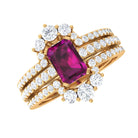 Octagon Cut Rhodolite Solitaire Trio Ring Set with Moissanite Rhodolite - ( AAA ) - Quality - Rosec Jewels
