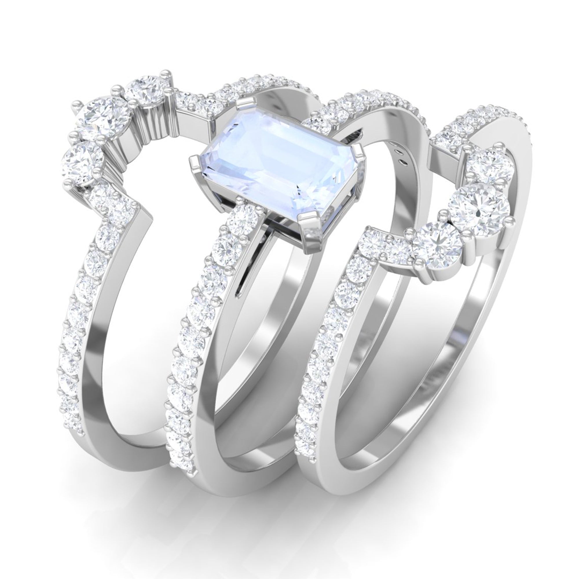 Octagon Cut Moonstone Solitaire Trio Ring Set with Moissanite Moonstone - ( AAA ) - Quality - Rosec Jewels