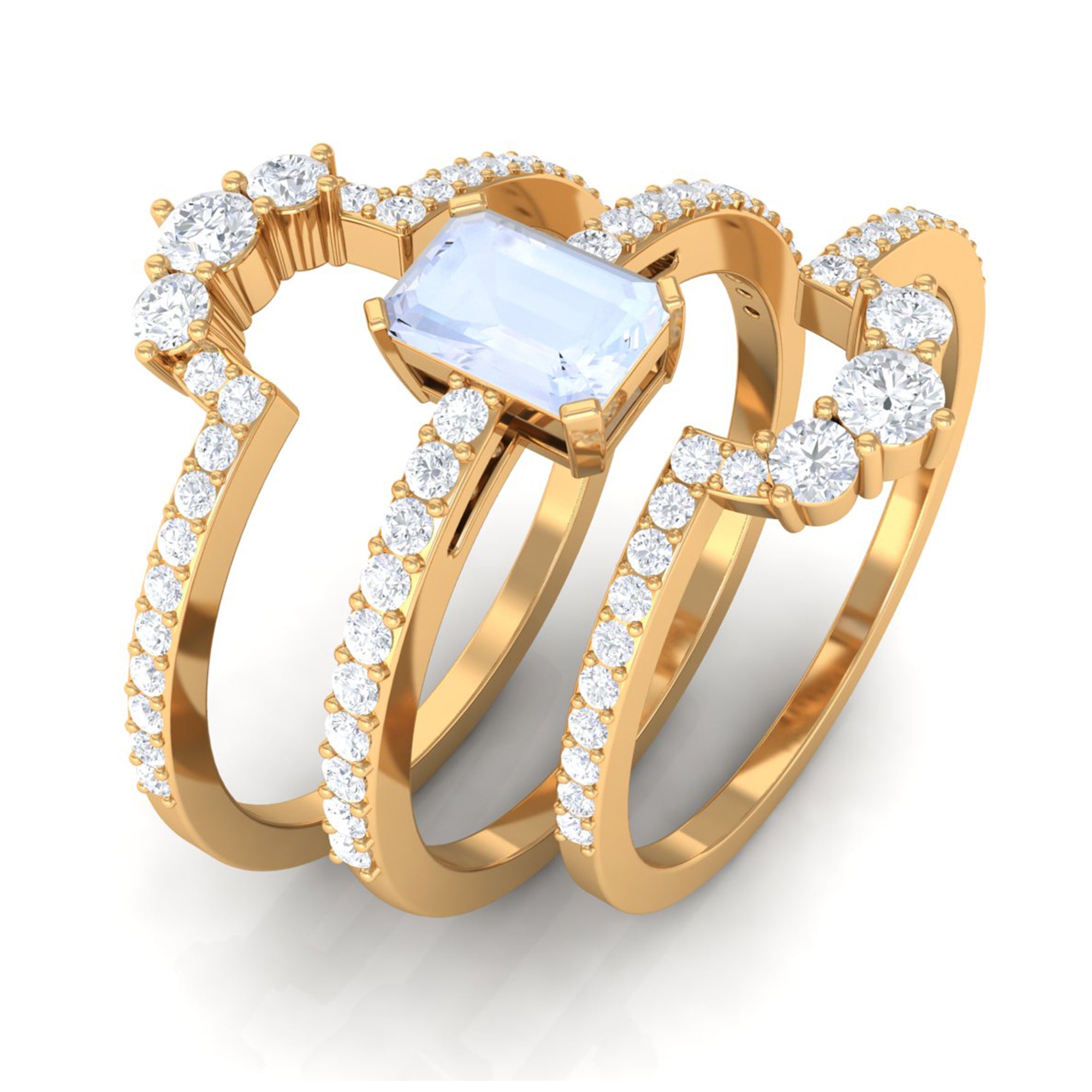 Octagon Cut Moonstone Solitaire Trio Ring Set with Moissanite Moonstone - ( AAA ) - Quality - Rosec Jewels