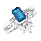 4X6mm Emerald Cut London Blue Topaz Solitaire Ring Set with Diamond AAA - Rosec Jewels