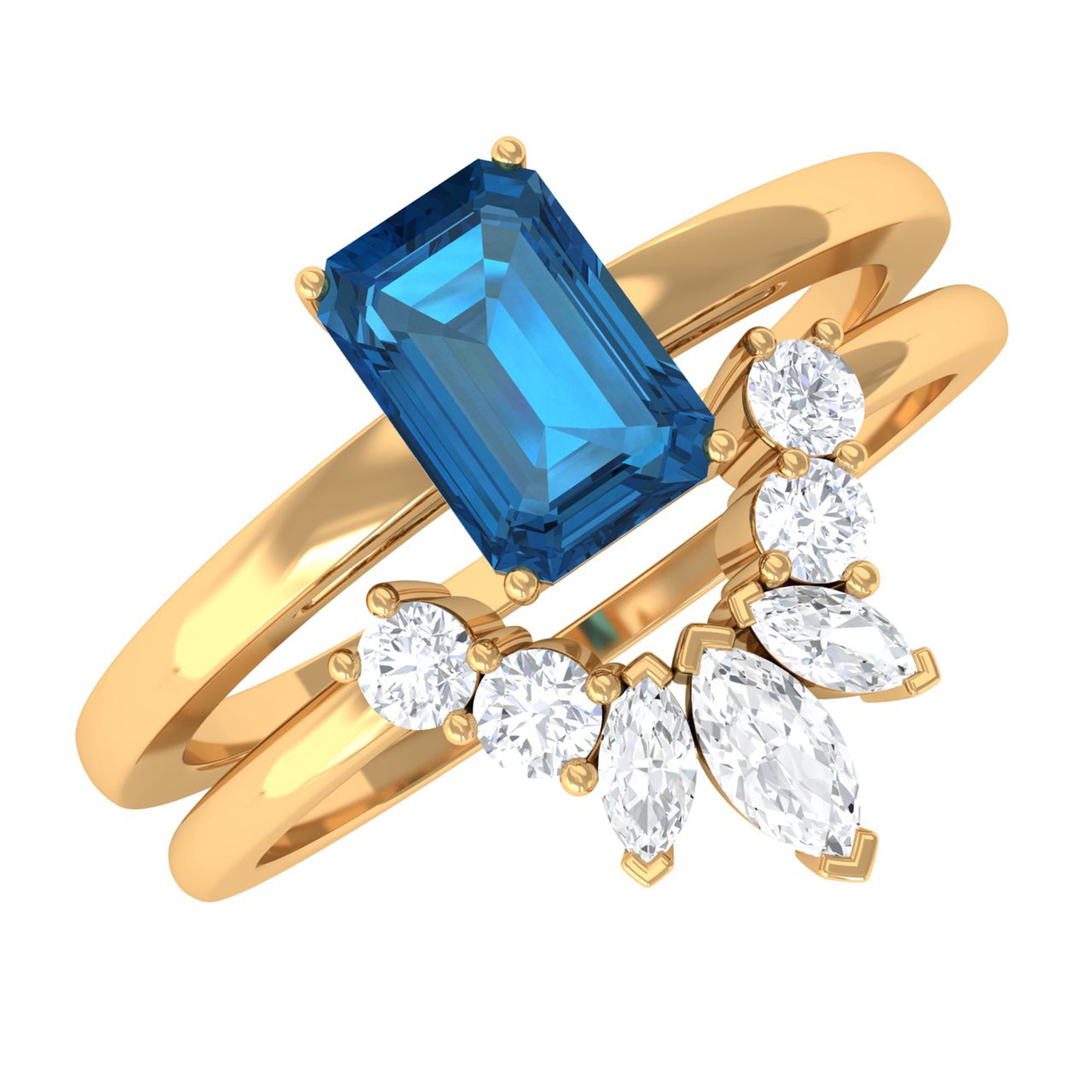 4X6mm Emerald Cut London Blue Topaz Solitaire Ring Set with Diamond AAA - Rosec Jewels