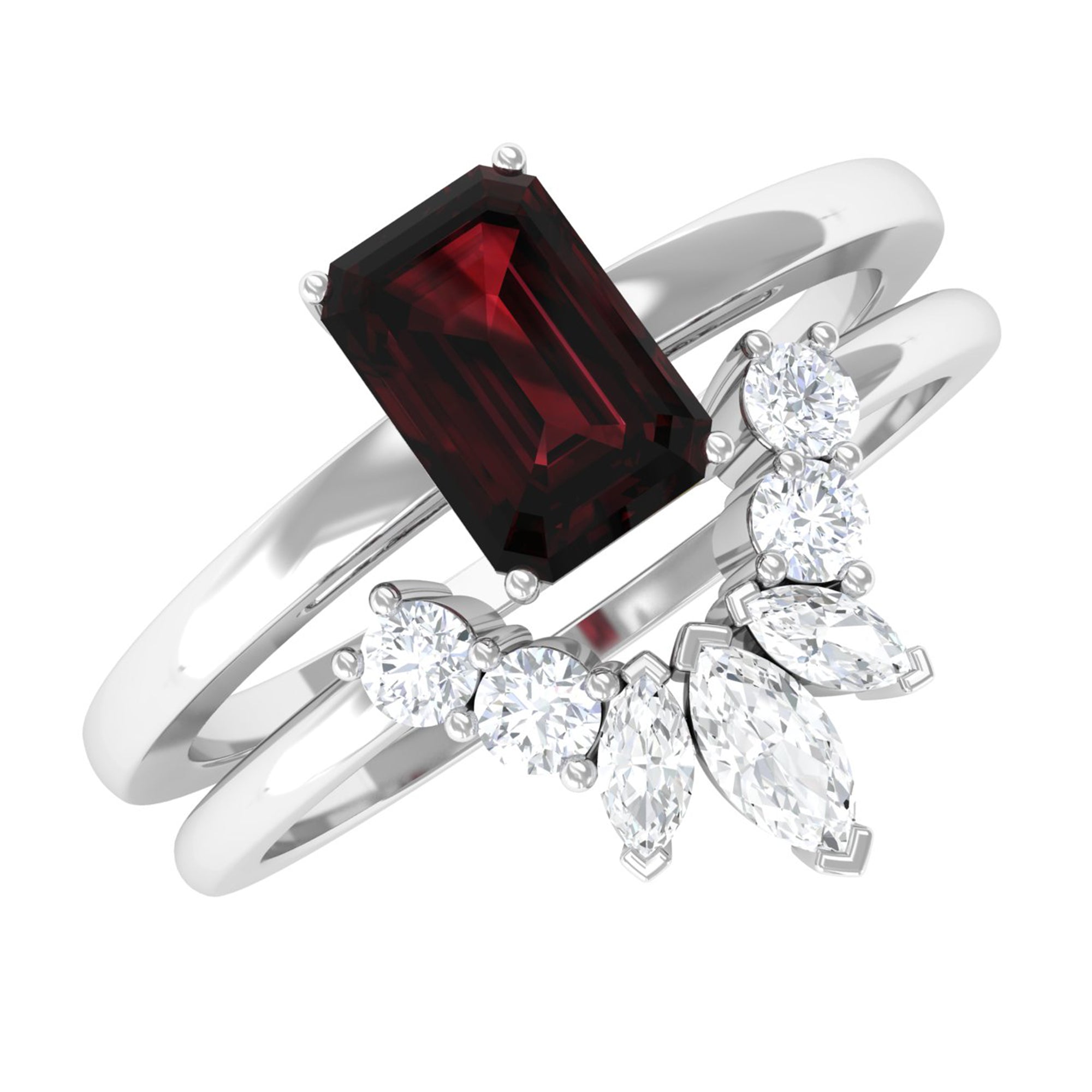 Rosec Jewels-Genuine Garnet Diamond Emerald Cut Engagement Ring with Wedding Band