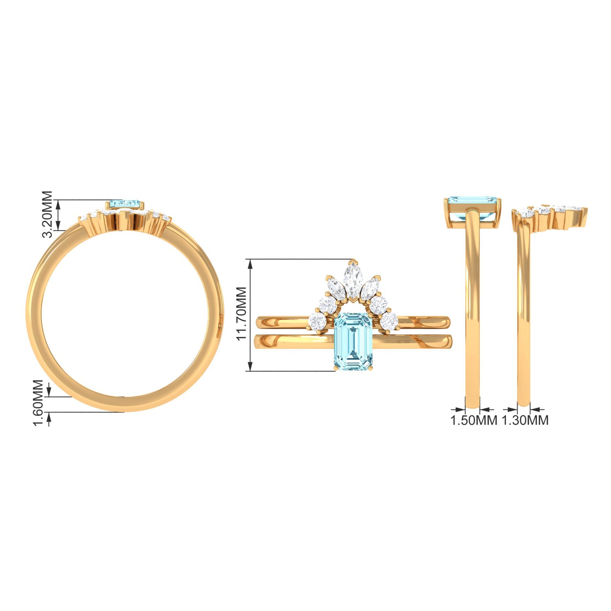 Rosec Jewels-Natural Emerald Cut Aquamarine Engagement Ring with Diamond Wedding Band