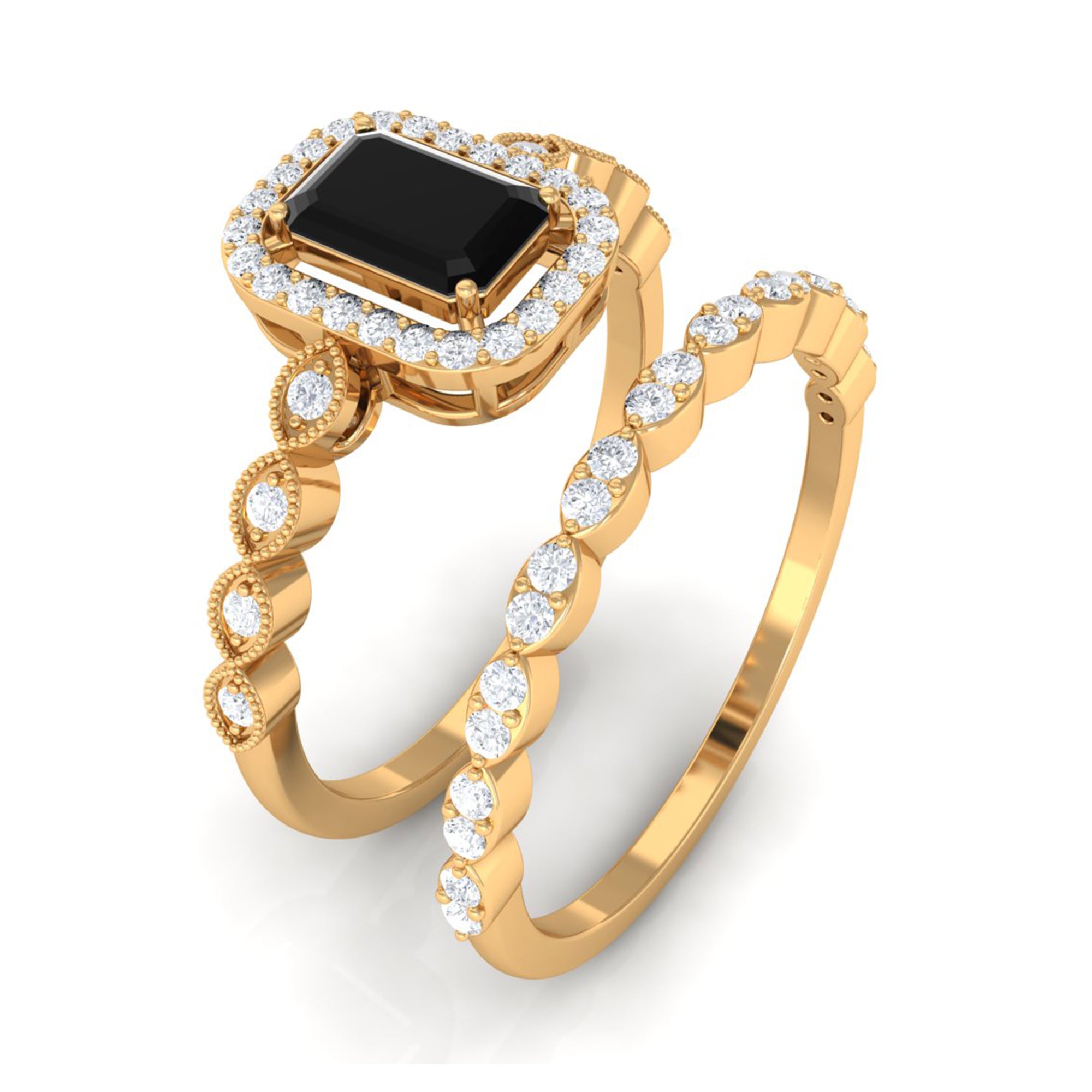 Designer Created Black Diamond and Diamond Engagement Ring Set Lab Created Black Diamond - ( AAAA ) - Quality - Rosec Jewels