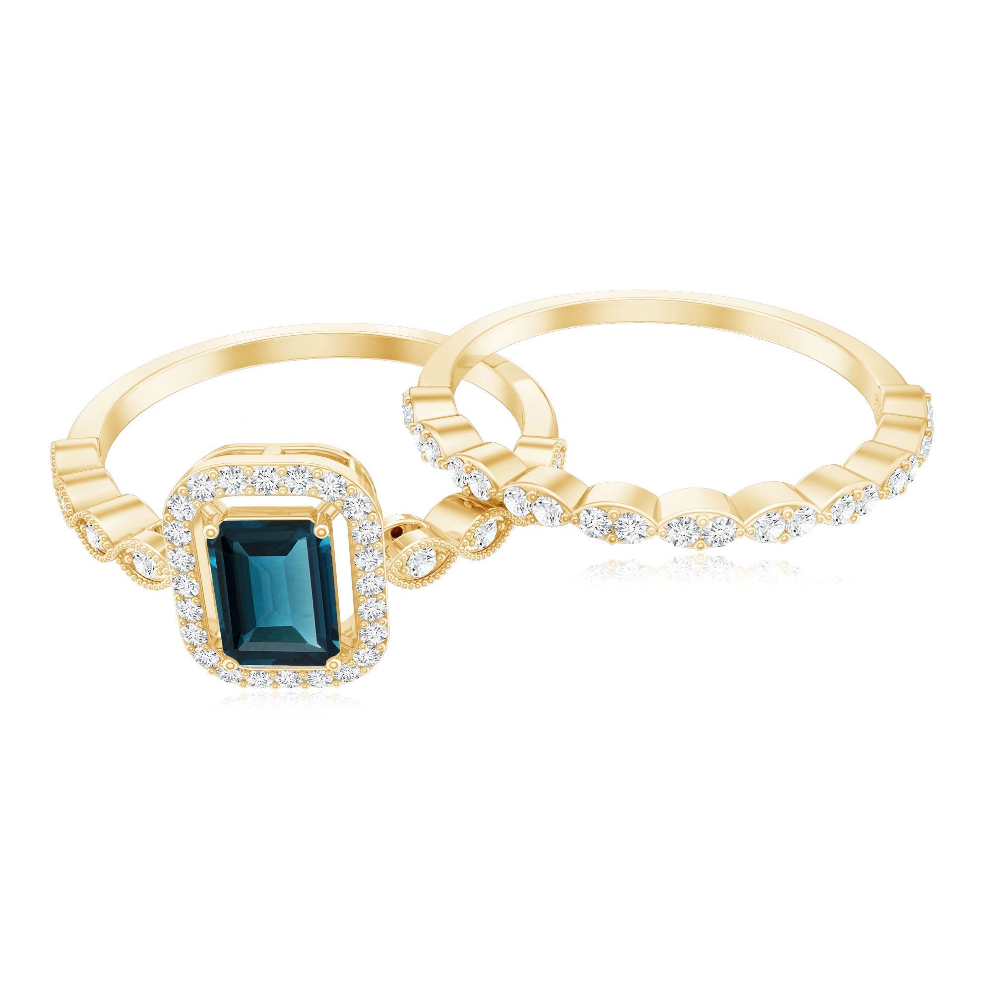 London Blue Topaz and Diamond Vintage Inspired Wedding Ring Set AAA - Rosec Jewels