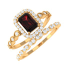 Vintage Looking Garnet Diamond Emerald Cut Wedding Bridal Ring Set AAA - Rosec Jewels