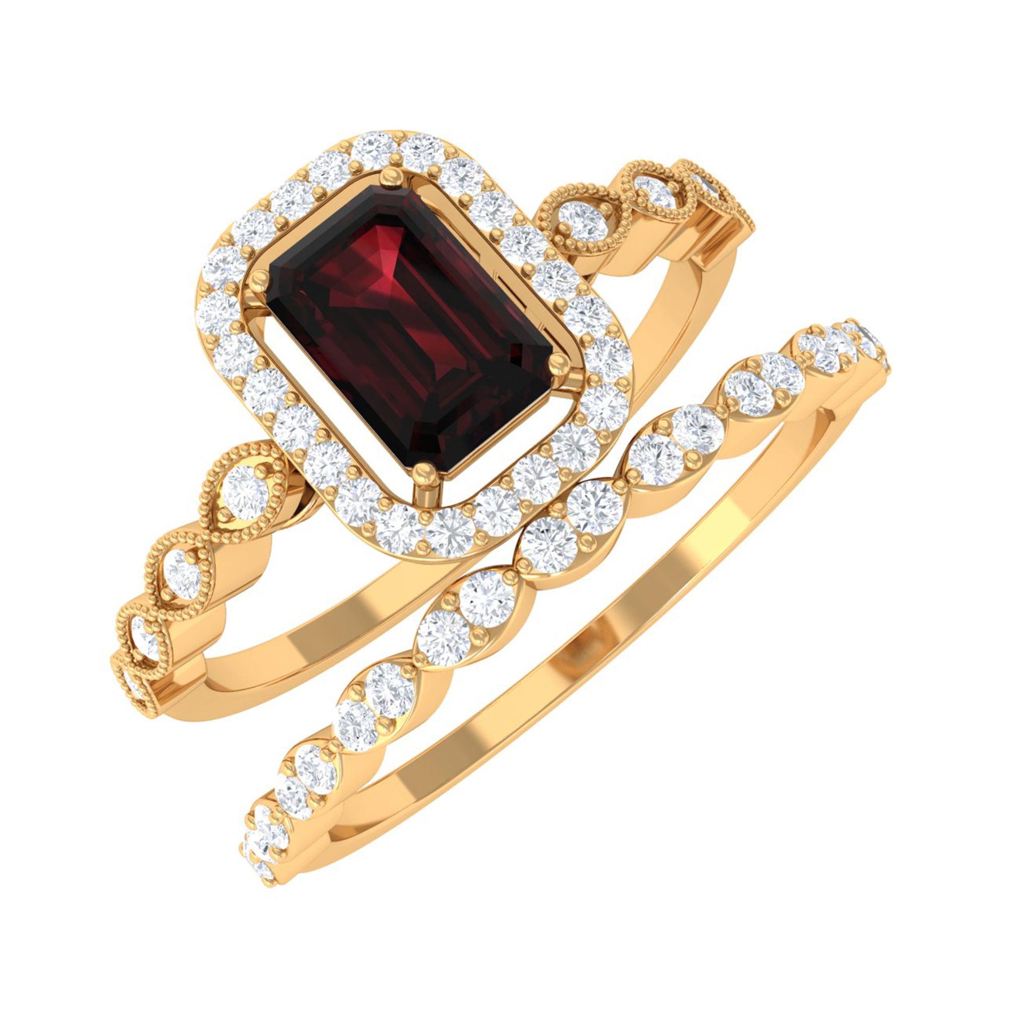 Vintage Looking Garnet Diamond Emerald Cut Wedding Bridal Ring Set AAA - Rosec Jewels