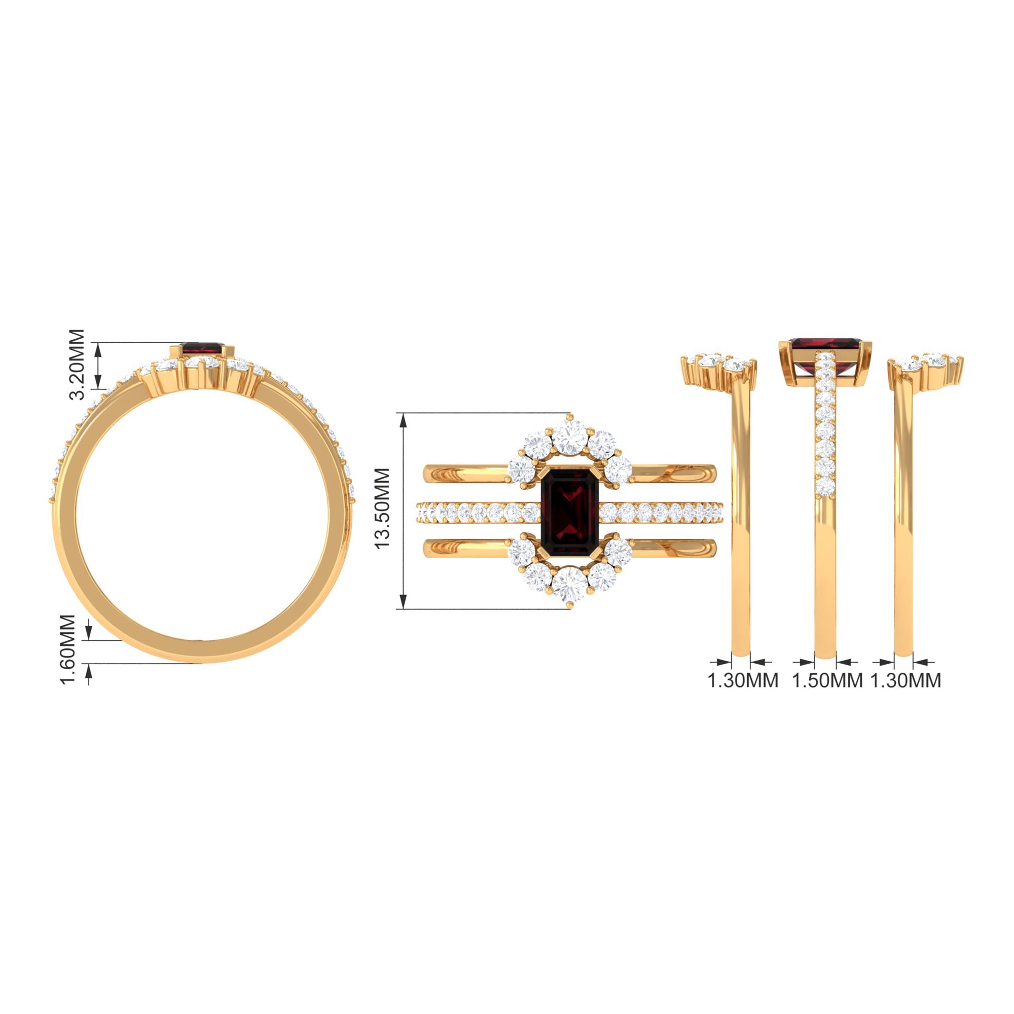 Rosec Jewels-Natural Emerald Cut Garnet Diamond Trio Wedding Ring Set