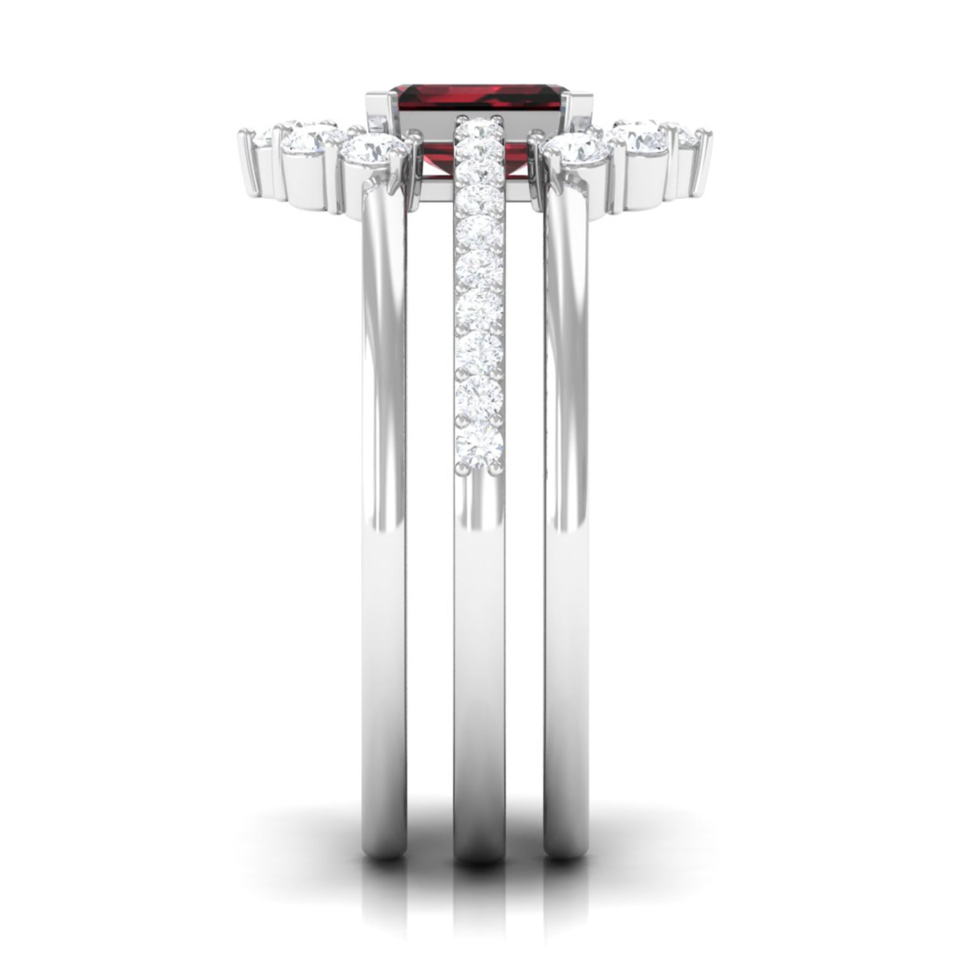 Rosec Jewels-Natural Emerald Cut Garnet Diamond Trio Wedding Ring Set