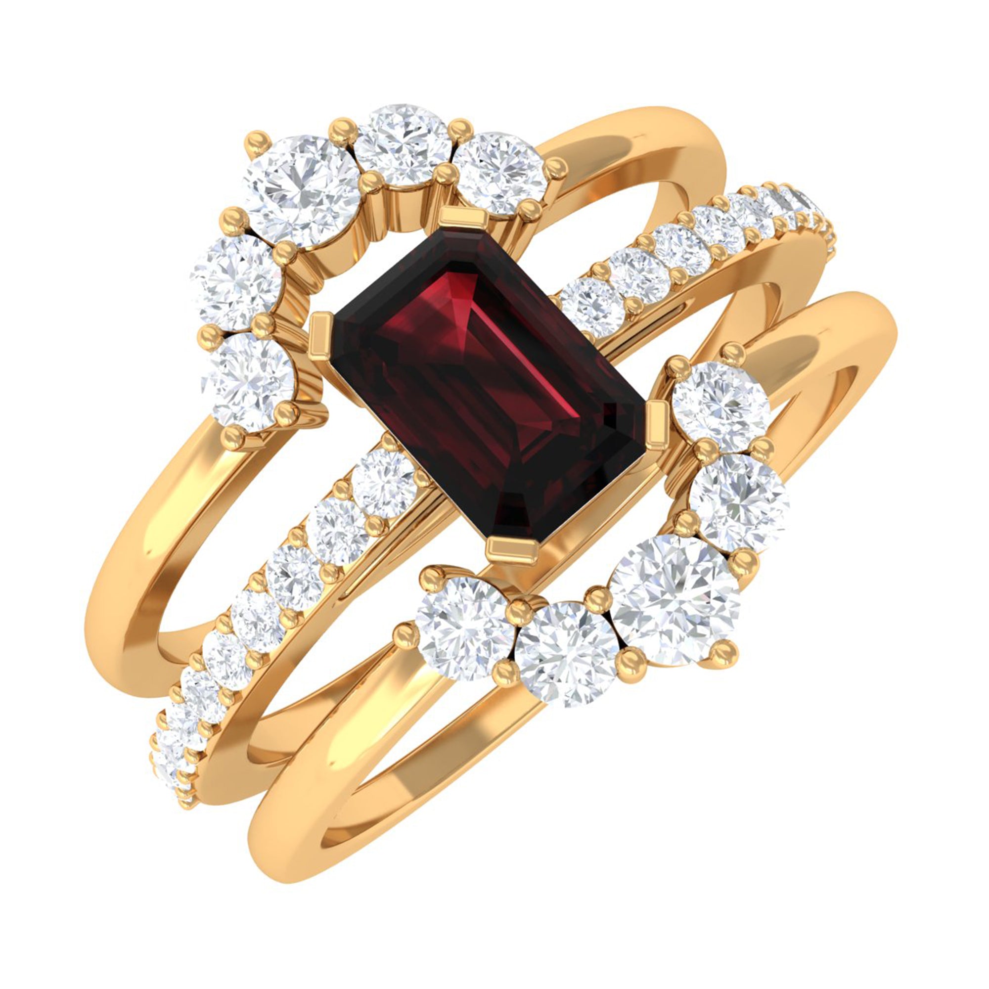 Rosec Jewels-Natural Emerald Cut Garnet Diamond Trio Wedding Ring Set