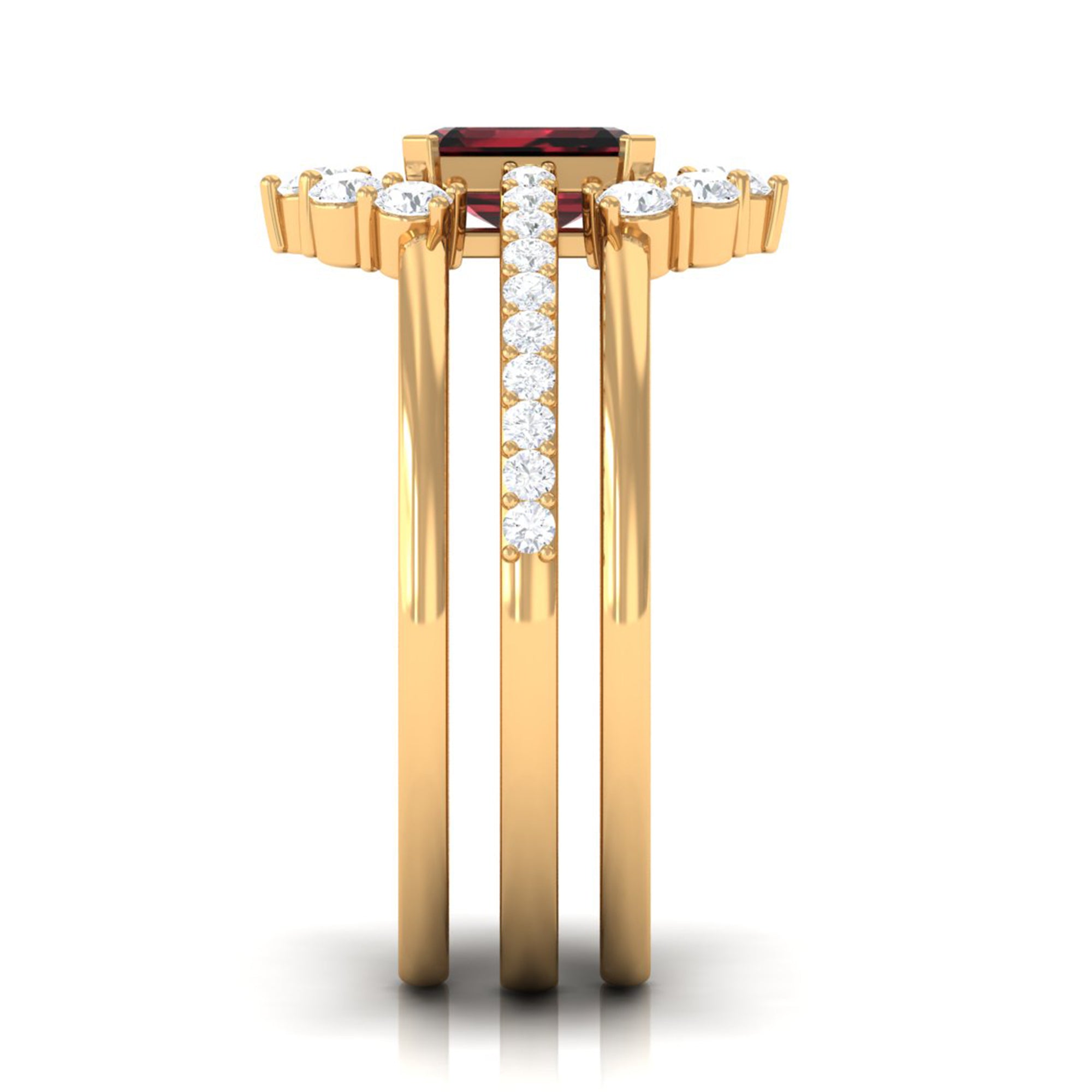 Rosec Jewels-Natural Emerald Cut Garnet Diamond Trio Wedding Ring Set