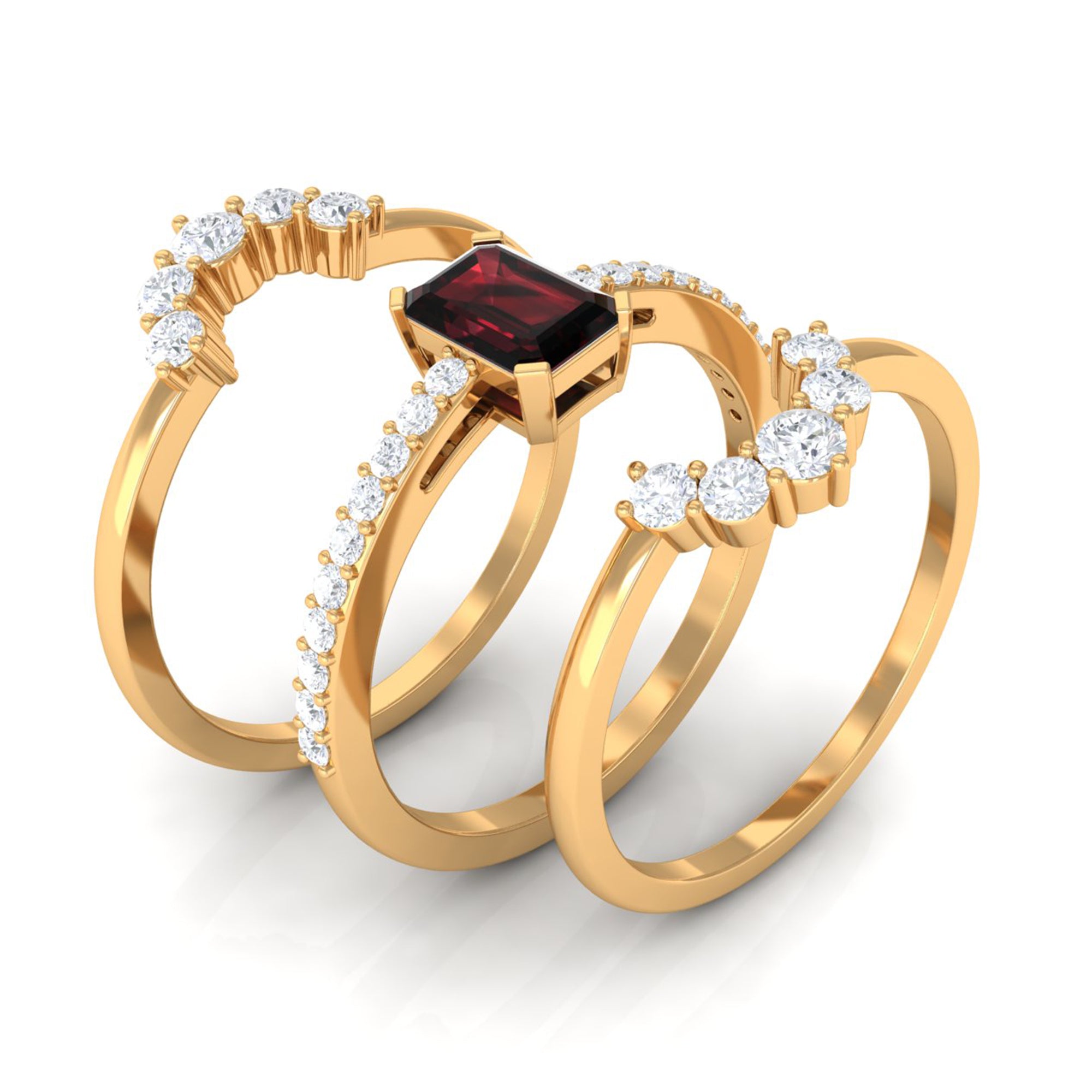 Rosec Jewels-Natural Emerald Cut Garnet Diamond Trio Wedding Ring Set
